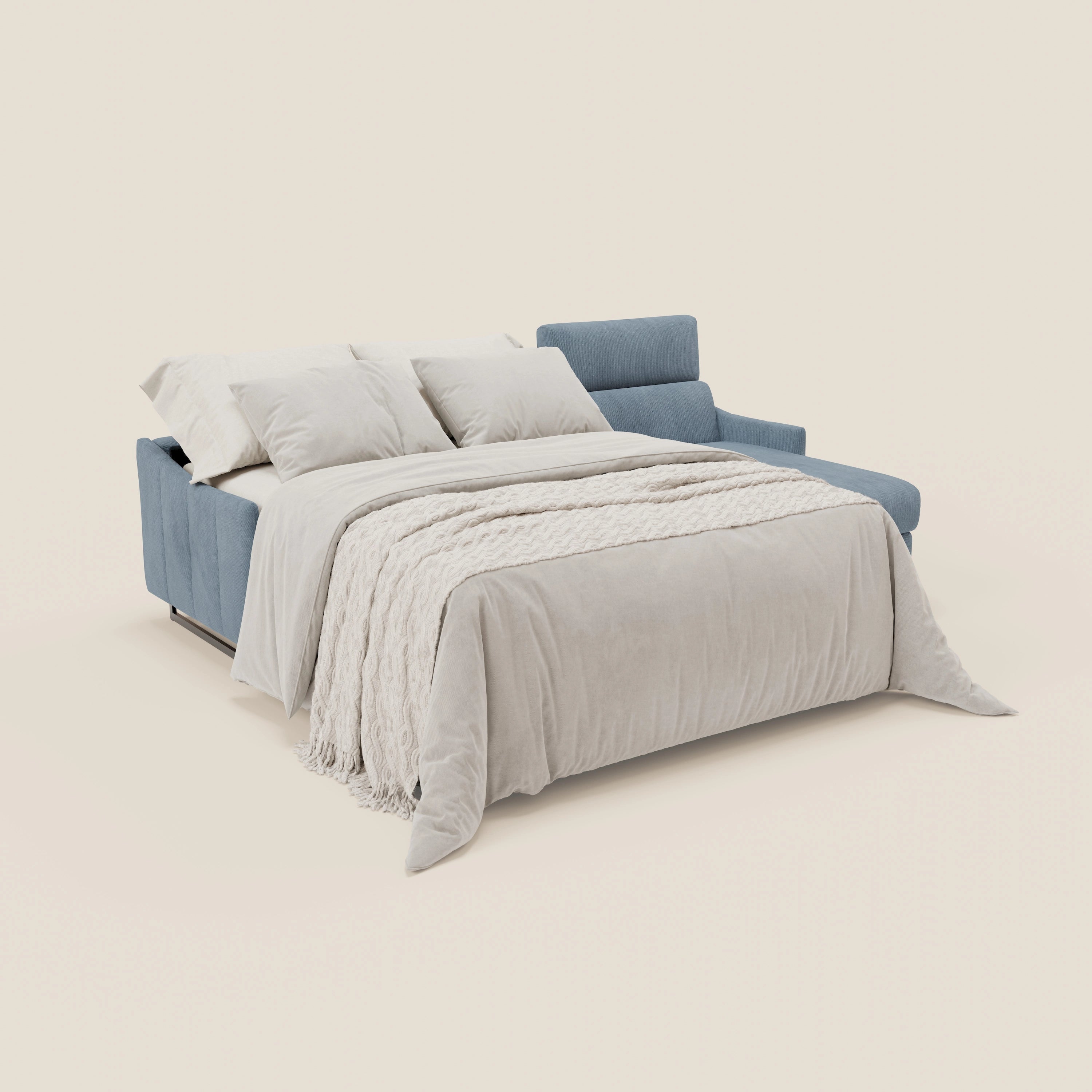 Loto Divano Letto Angolare con Penisola contenitore, Poggiatesta, Materasso Alto H18 in morbido tessuto impermeabile T14 - divani.store