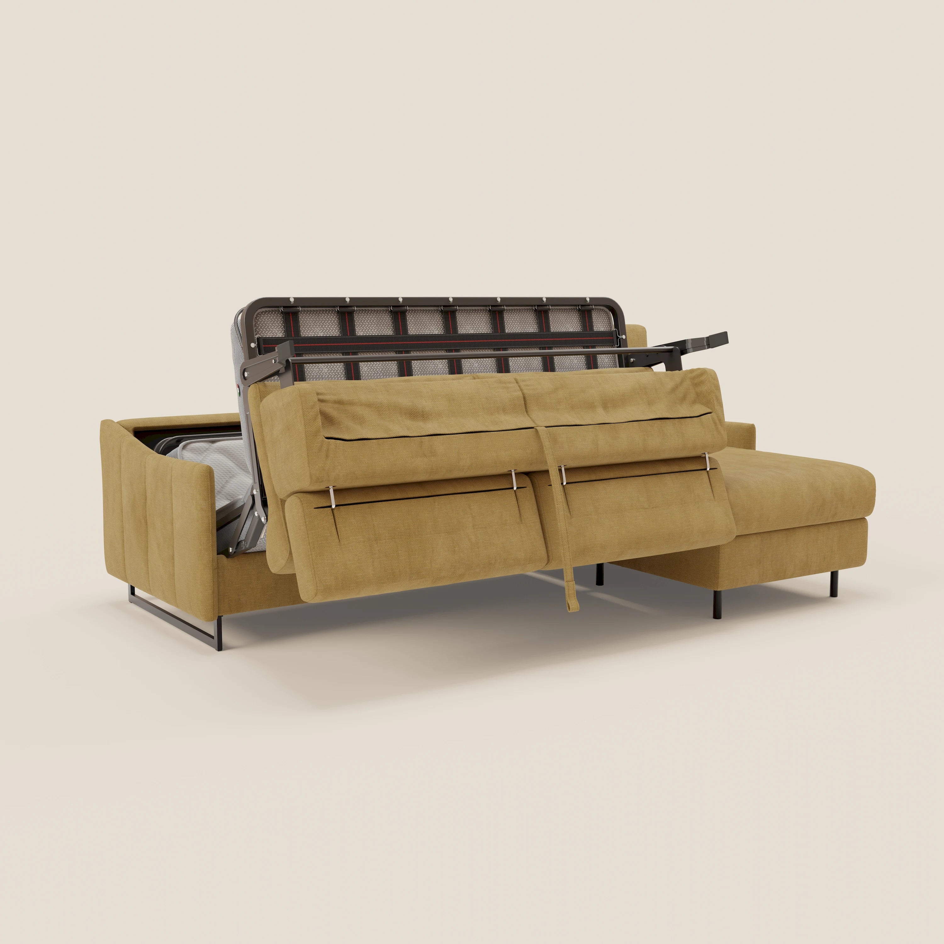 Loto Divano Letto Angolare con Penisola contenitore, Poggiatesta, Materasso Alto H18 in morbido tessuto impermeabile T14 - divani.store