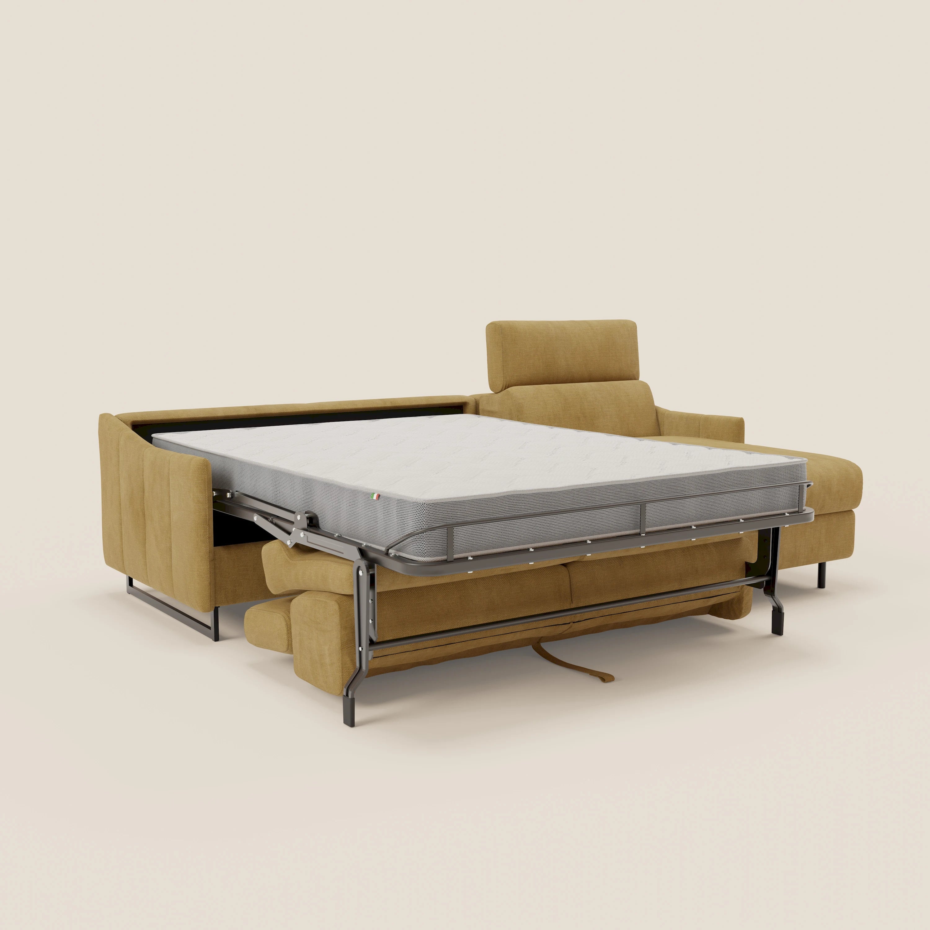 Loto Divano Letto Angolare con Penisola contenitore, Poggiatesta, Materasso Alto H18 in morbido tessuto impermeabile T14 - divani.store