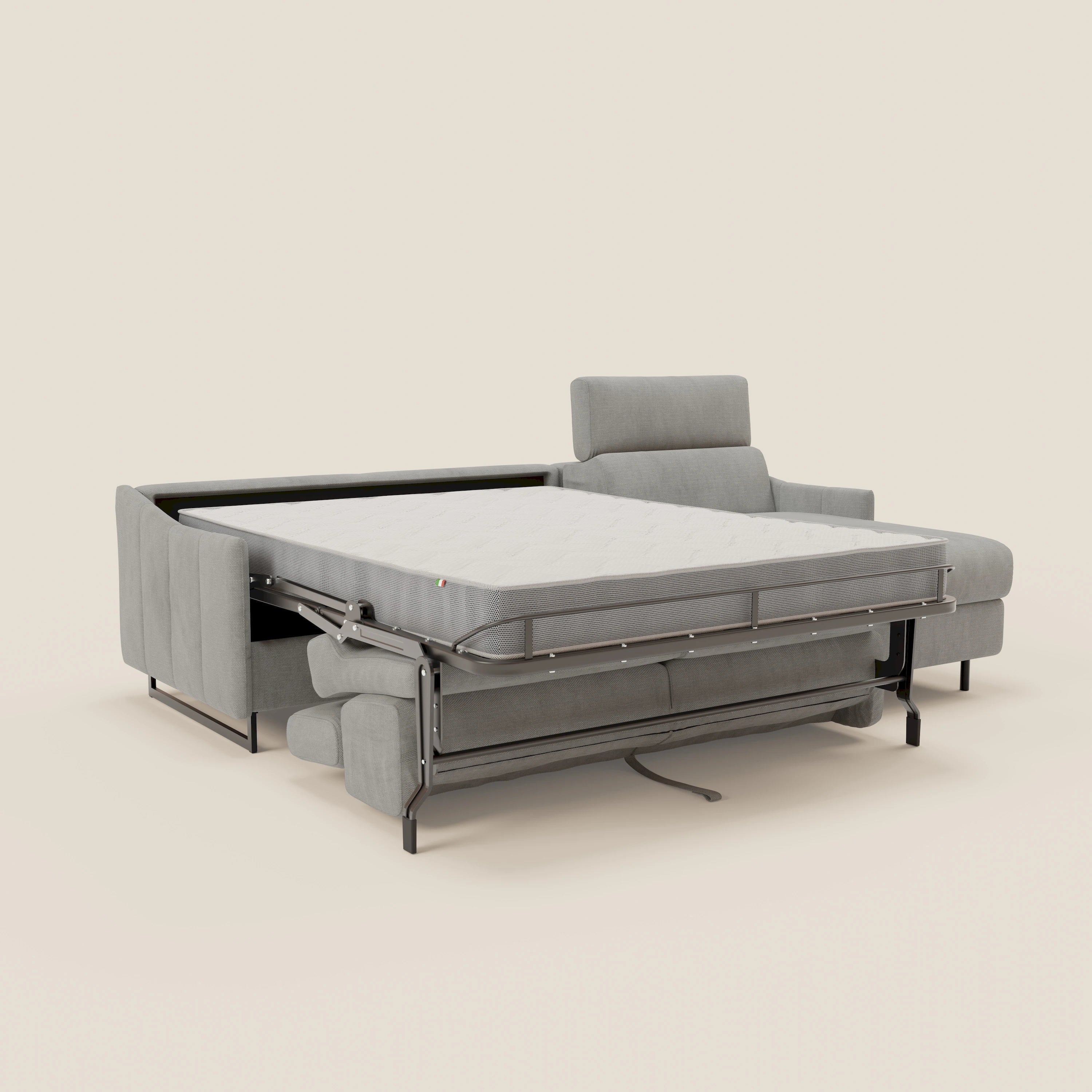 Loto Divano Letto Angolare con Penisola contenitore, Poggiatesta, Materasso Alto H18 in morbido tessuto impermeabile T14 - divani.store