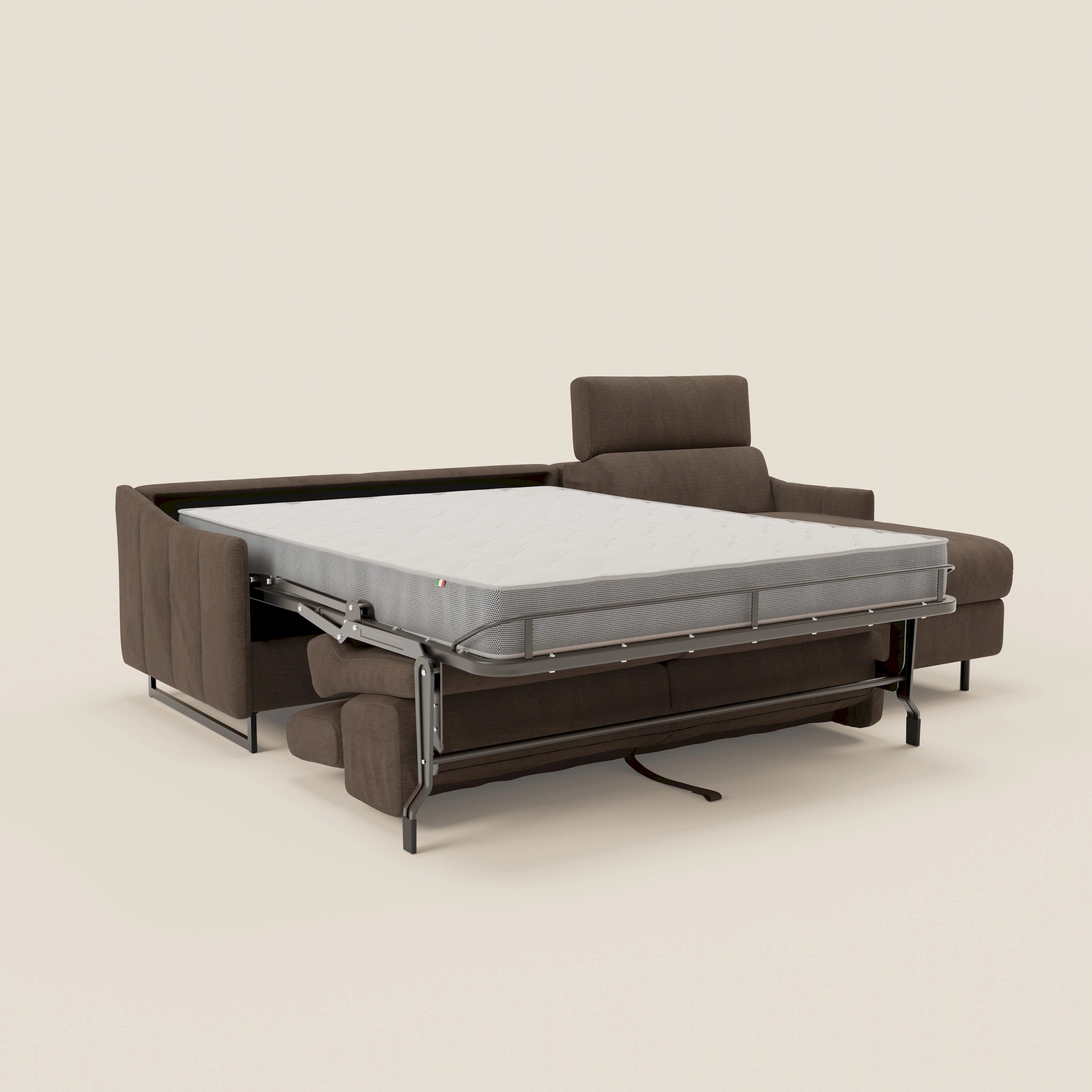 Loto Divano Letto Angolare con Penisola contenitore, Poggiatesta, Materasso Alto H18 in morbido tessuto impermeabile T14 - divani.store