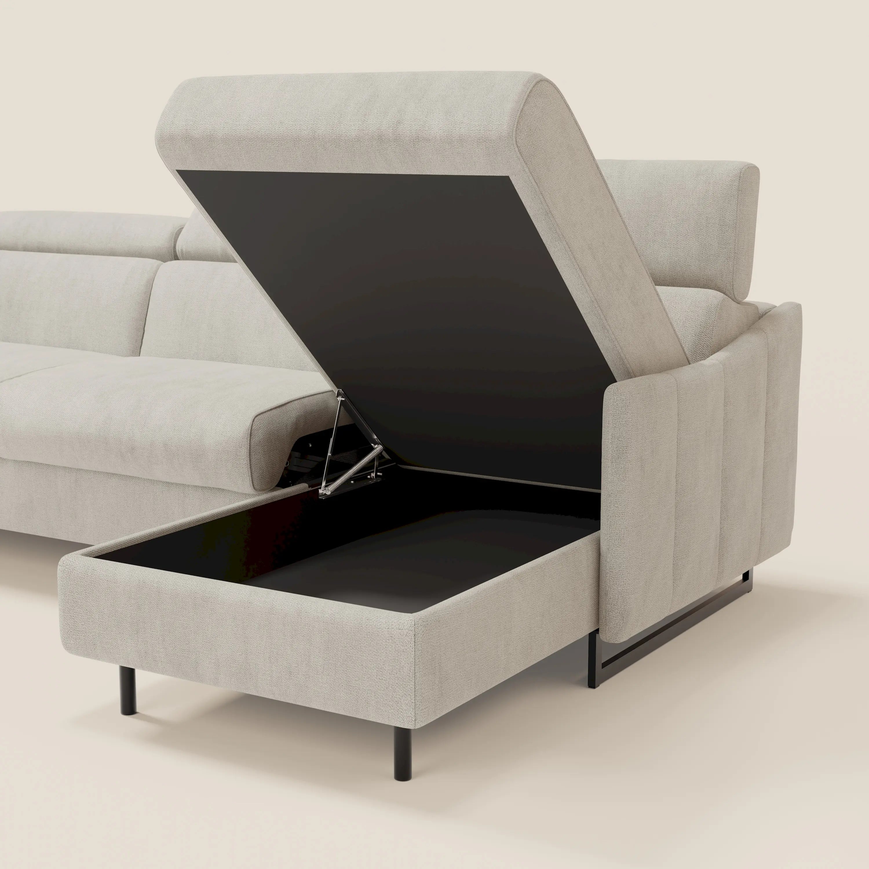 Loto Divano Letto Angolare con Penisola contenitore, Poggiatesta, Materasso Alto H18 in morbido tessuto impermeabile T14 - divani.store