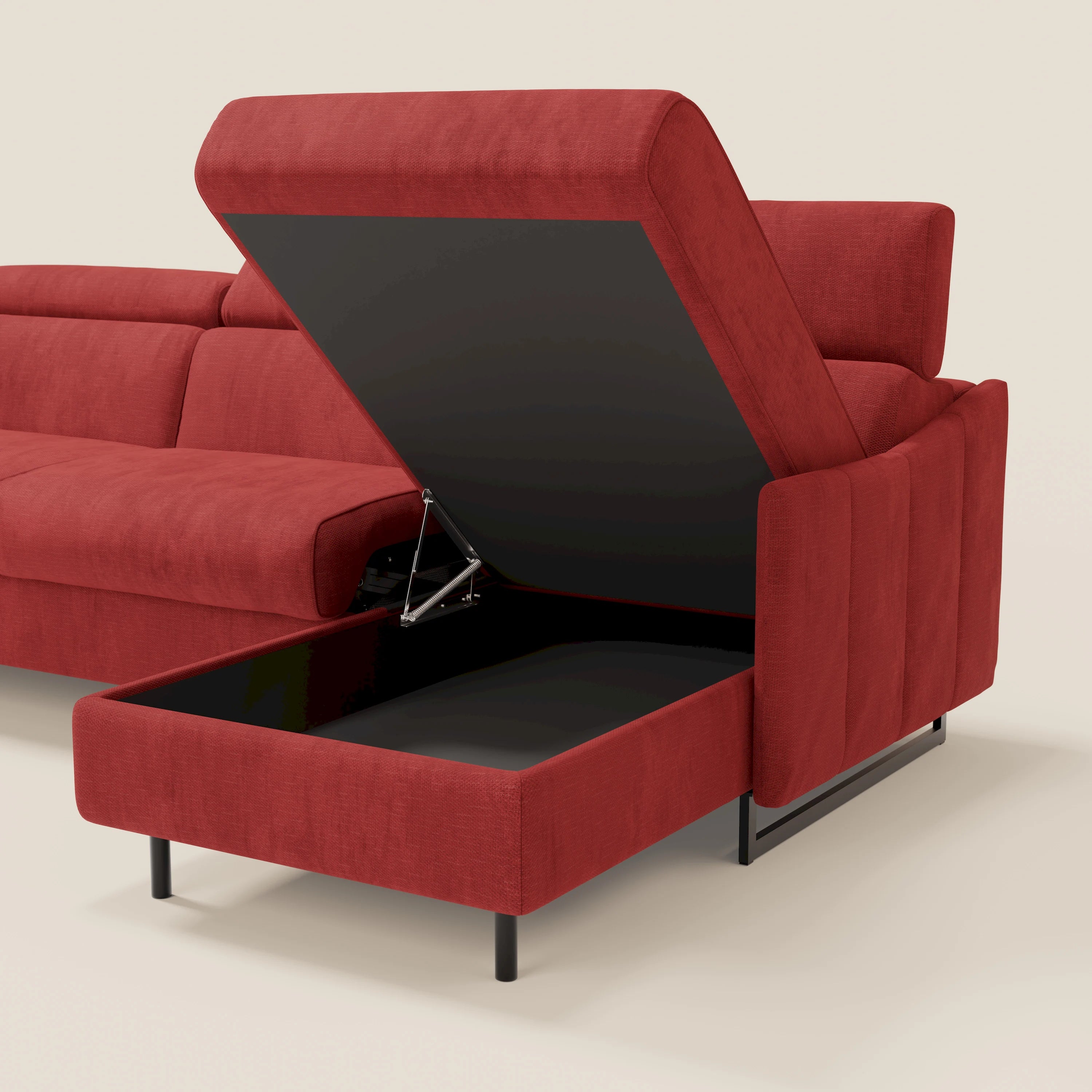 Loto Divano Letto Angolare con Penisola contenitore, Poggiatesta, Materasso Alto H18 in morbido tessuto impermeabile T14 - divani.store