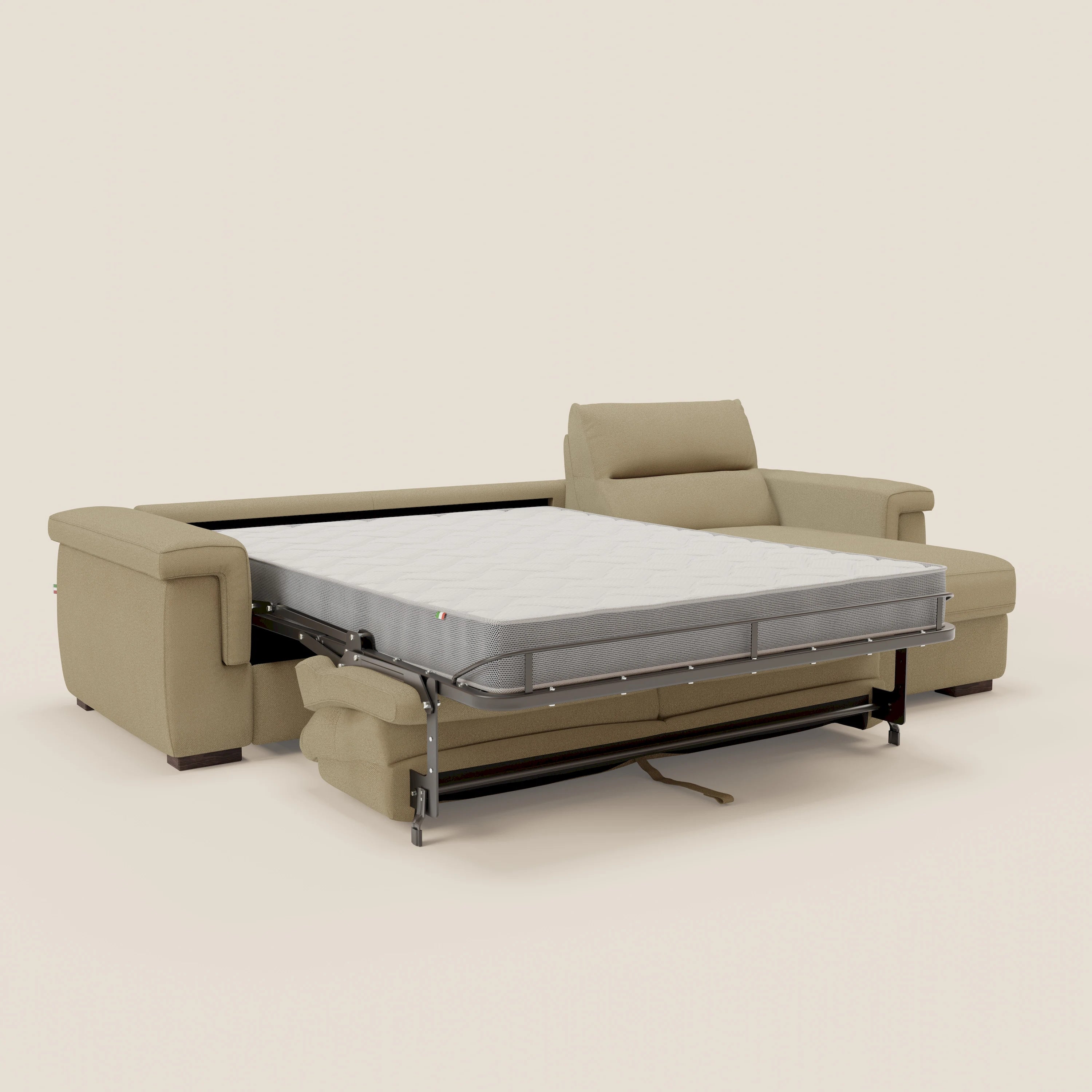 Magnolia Ecksofa mit Halbinsel und Stauraum – Matratze H18 cm aus abwaschbarem Stoff T05 kamel