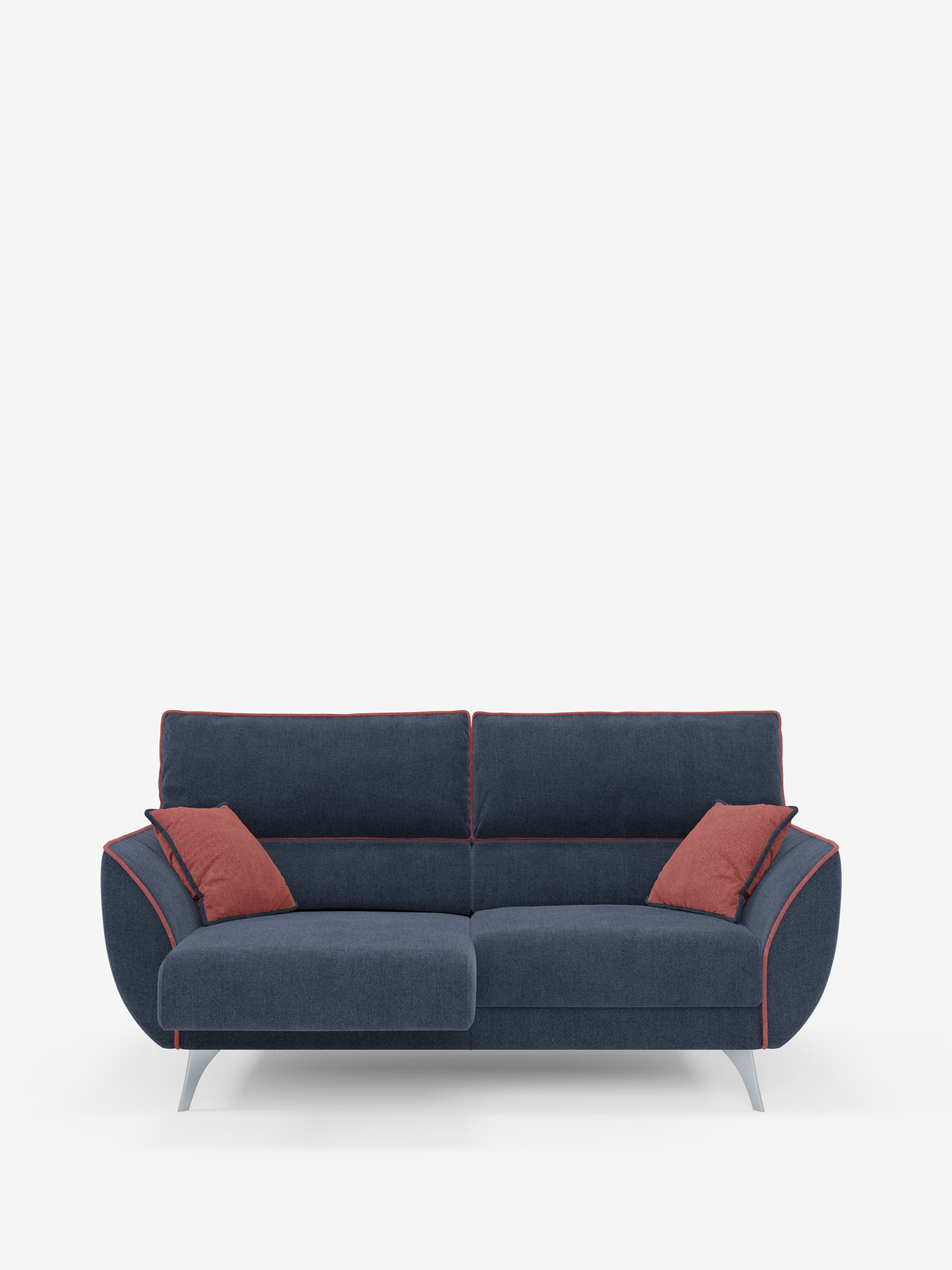 Vi presentiamo il divano Michelangelo a 2 e 3 posti con sedute allungabili e poggiatesta reclinabili di Divani.Store. Questo moderno divano bicolore, rivestito in tessuto T23 blu scuro antimacchia, presenta eleganti gambe in metallo, due cuscini di seduta coordinati e quattro cuscini decorativi color ruggine. I braccioli arrotondati e il design pulito e minimalista completano il suo look contemporaneo, che risalta magnificamente su uno sfondo bianco a tinta unita.
