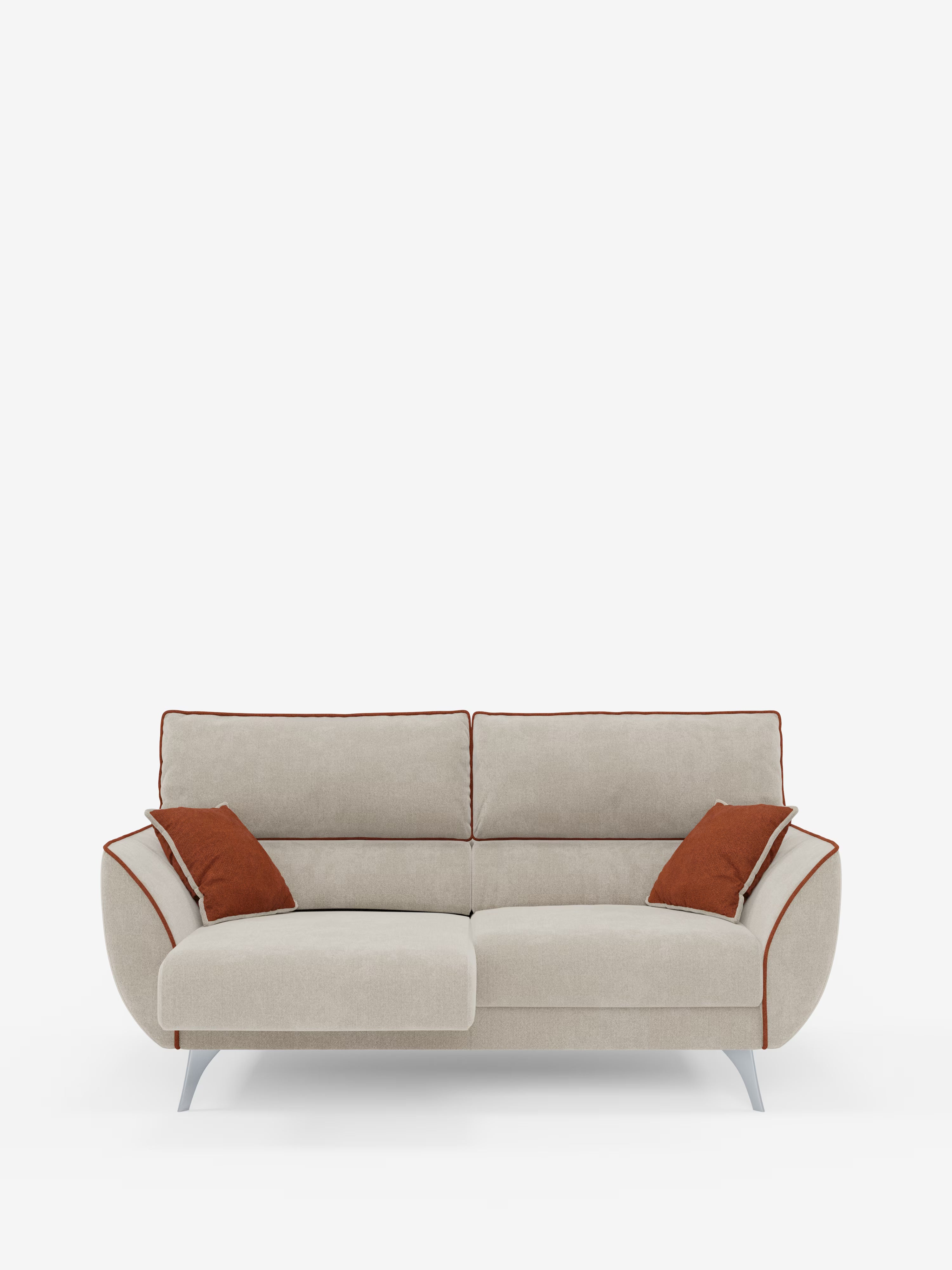 Un divano a due posti Michelangelo in beige chiaro contemporaneo di Divani.Store, realizzato in tessuto bicolore T23 resistente alle macchie, con un accattivante bordino arancione e eleganti gambe in metallo. Questo divano moderno include due cuscini decorativi arancioni abbinati su entrambi i lati, completati da sedute estensibili e poggiatesta regolabili. Su uno sfondo bianco a tinta unita, il design esalta l’eleganza minimalista di questo raffinato divano bicolore.