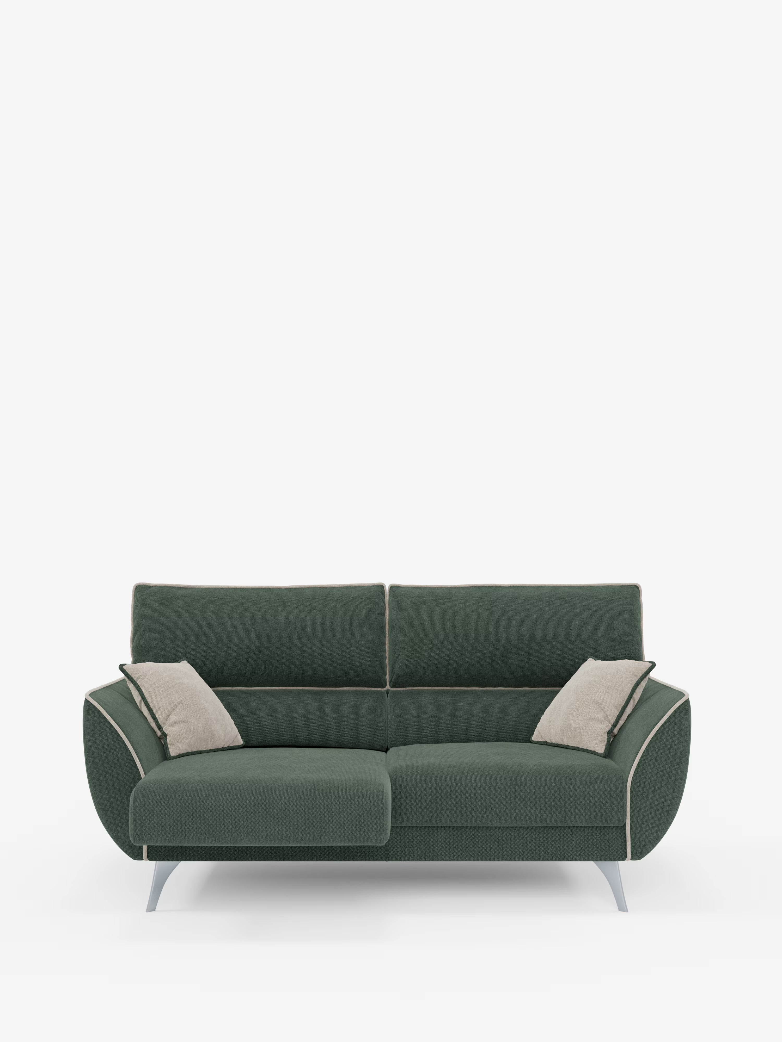 Caratterizzato da un elegante design verde scuro con gambe in metallo, bordatura beige chiaro e due cuscini decorativi coordinati dello stesso colore, il divano Michelangelo a 2 e 3 posti con sedute allungabili e poggiatesta reclinabili di Divani.Questo modello coniuga uno stile contemporaneo con un delicato contrasto bicolore nel tessuto T23 di facile pulizia: un elegante elemento centrale che risalta sullo sfondo bianco.