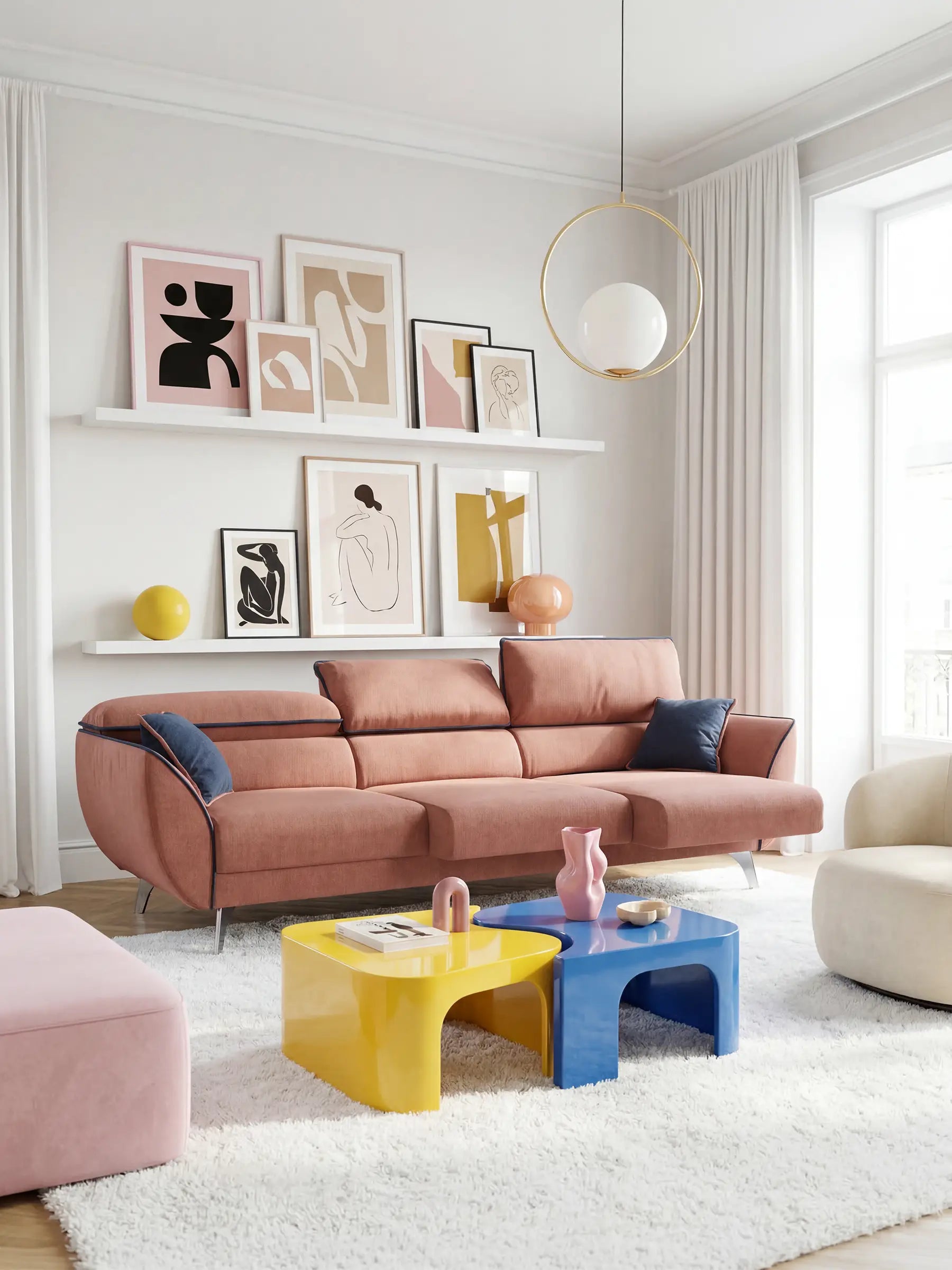 Michelangelo 4 Sitzer Zweifarbiges - Sofa mit 3 ausziehbaren Sitzen und verstellbaren Kopfstützen aus abwaschbarem Stoff T23 pfirsich-schieferblau