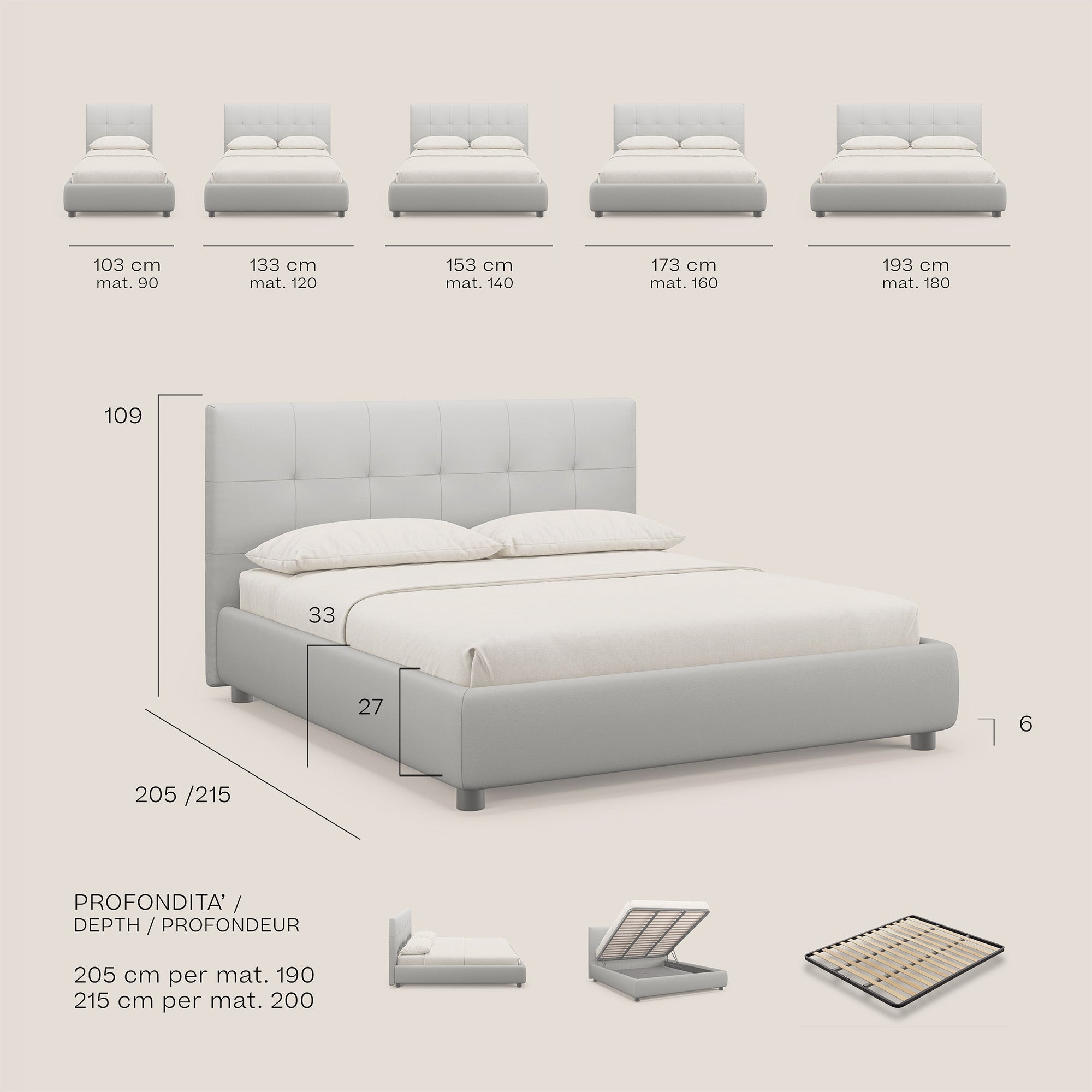 Minato letto imbottito contenitore con testata trapuntata in ecopelle impermeabile T04 antracite - divani.store