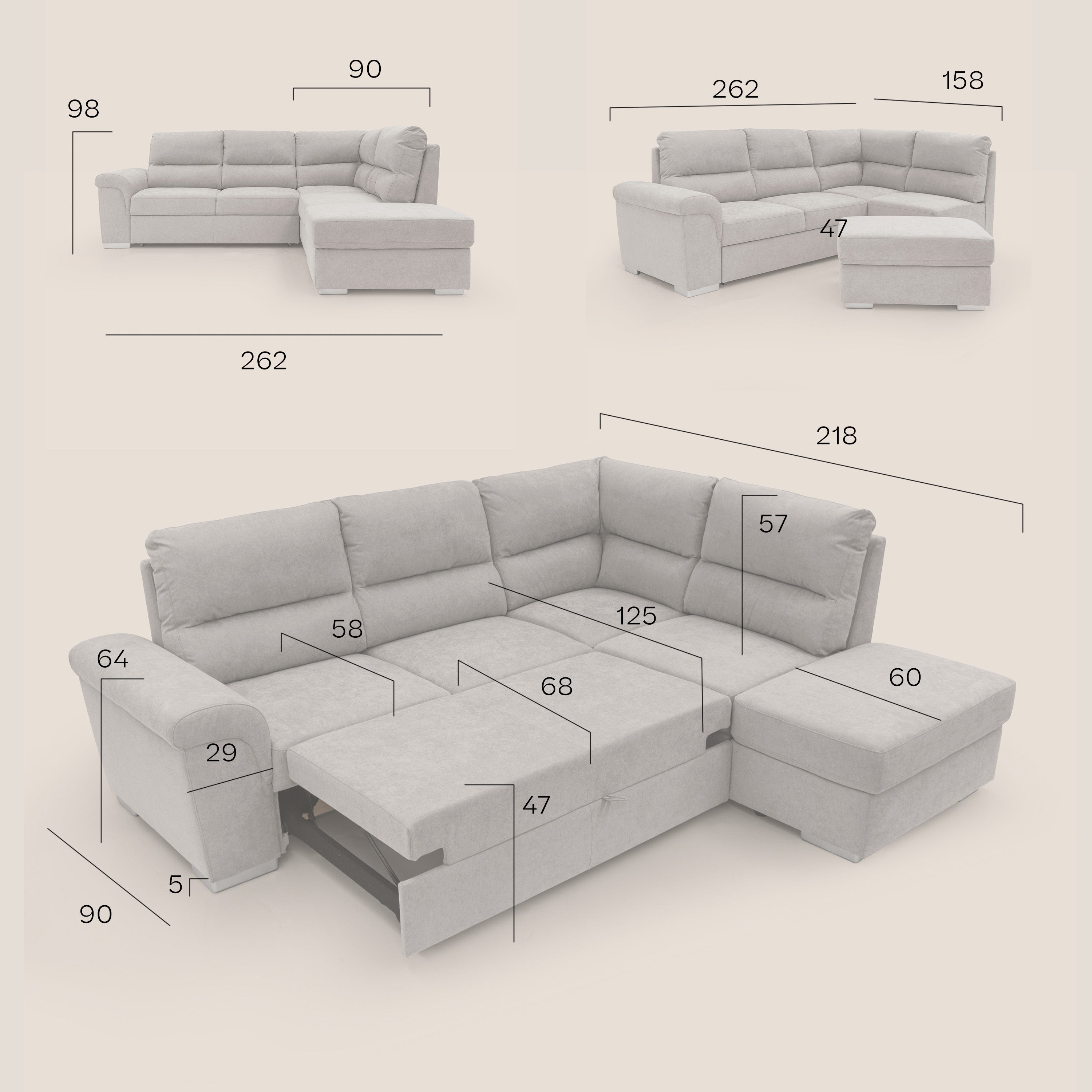 Minerva divano angolare con estraibile a cassettone e pouf contenitore in tessuto morbido impermeabile T02 nero - divani.store