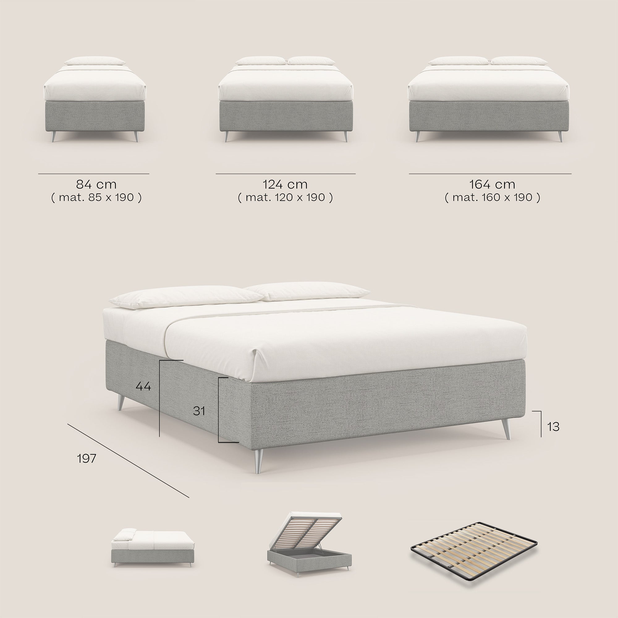 Febe sommier compatto con grande capienza del contenitore in tessuto impermeabile T03 grigio chiaro - divani.store