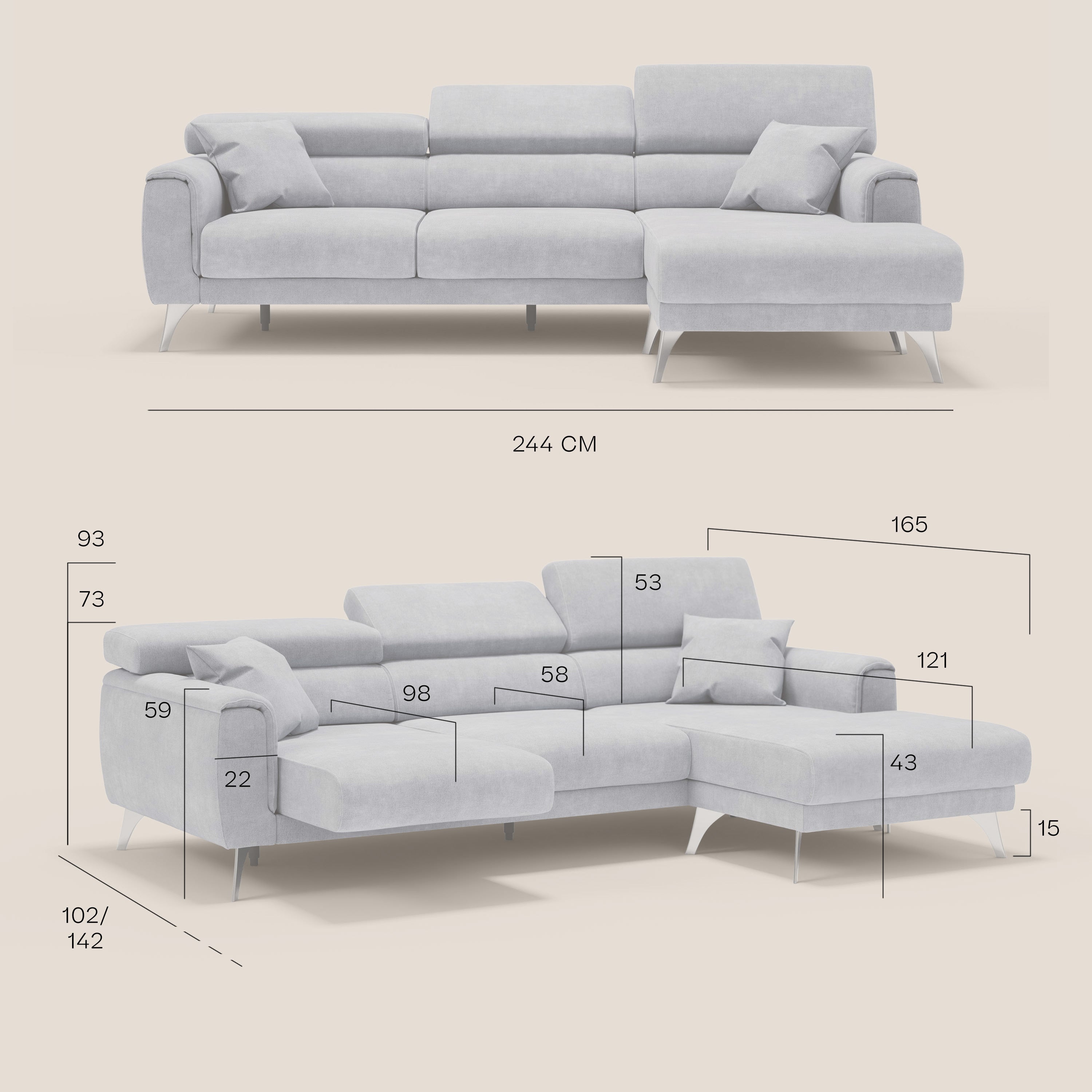 Caravaggio Divano angolare con sedute scorrevoli in tessuto morbido impermeabile T02 beige - divani.store