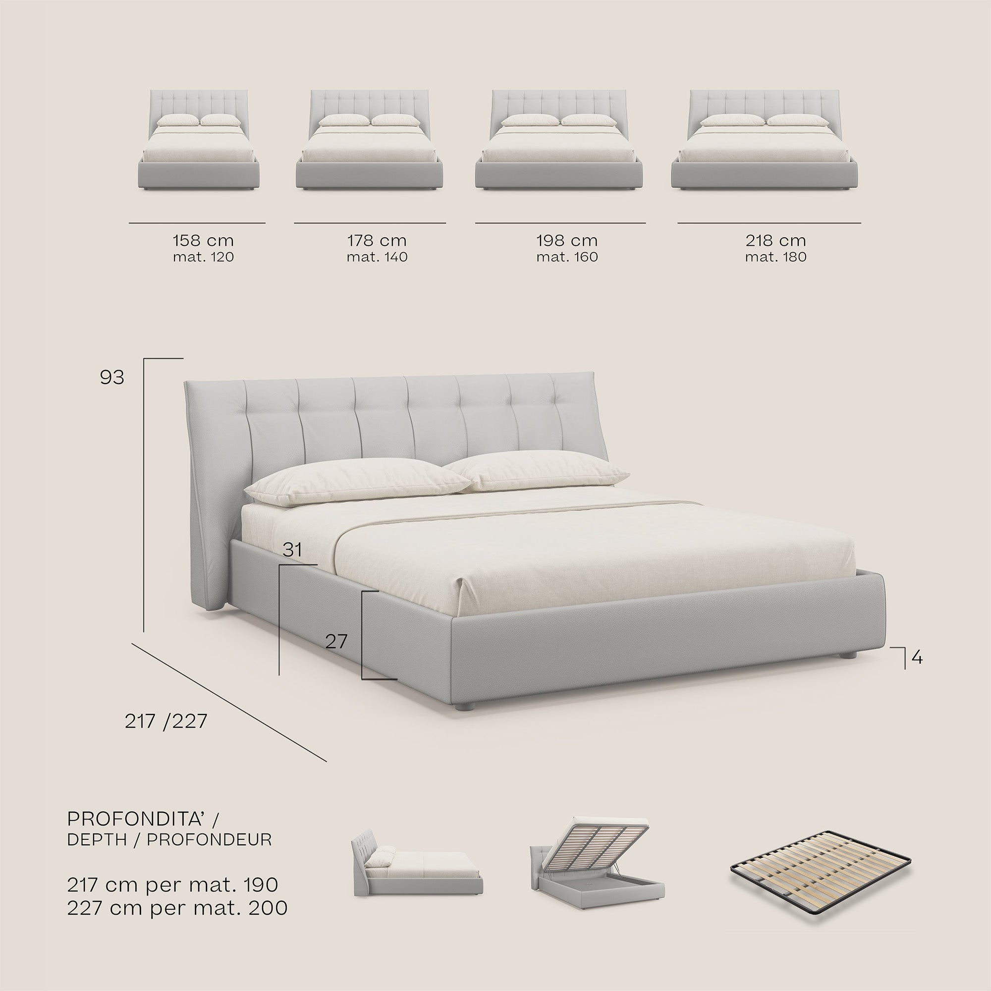 Clizia letto imbottito di design con vano contenitore in ecopelle impermeabile T04 beige - divani.store