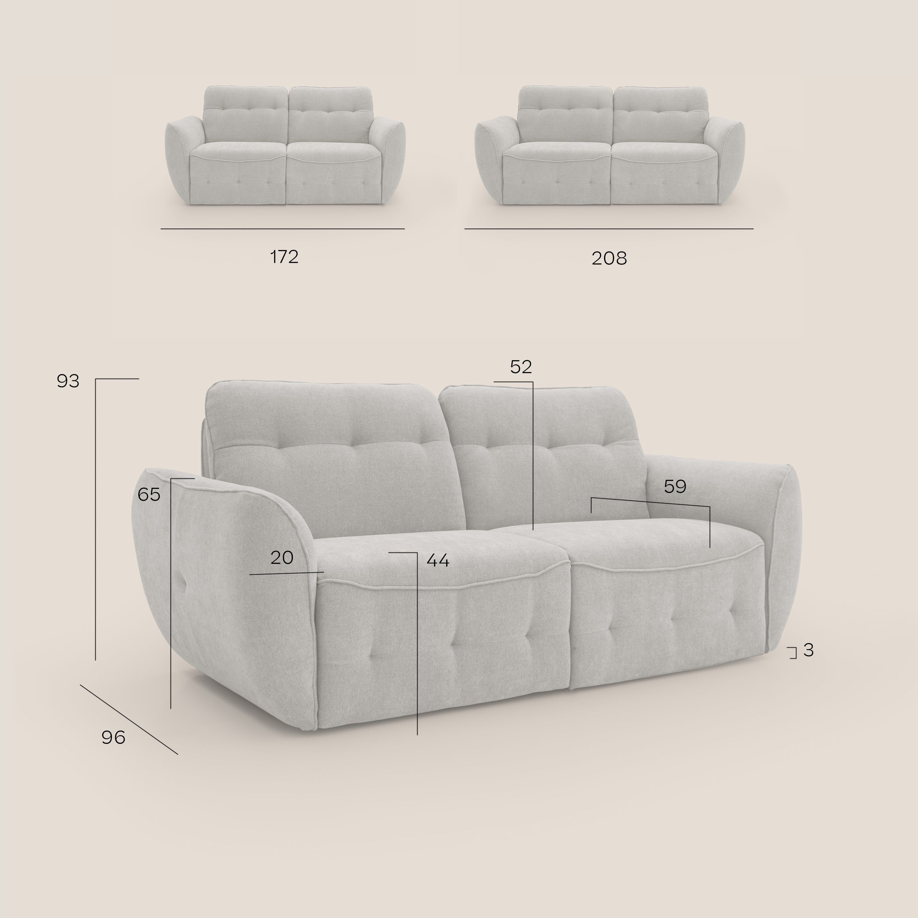 Cerbero divano 2 e 3 posti in morbido bouclé impermeabile T07 beige - divani.store