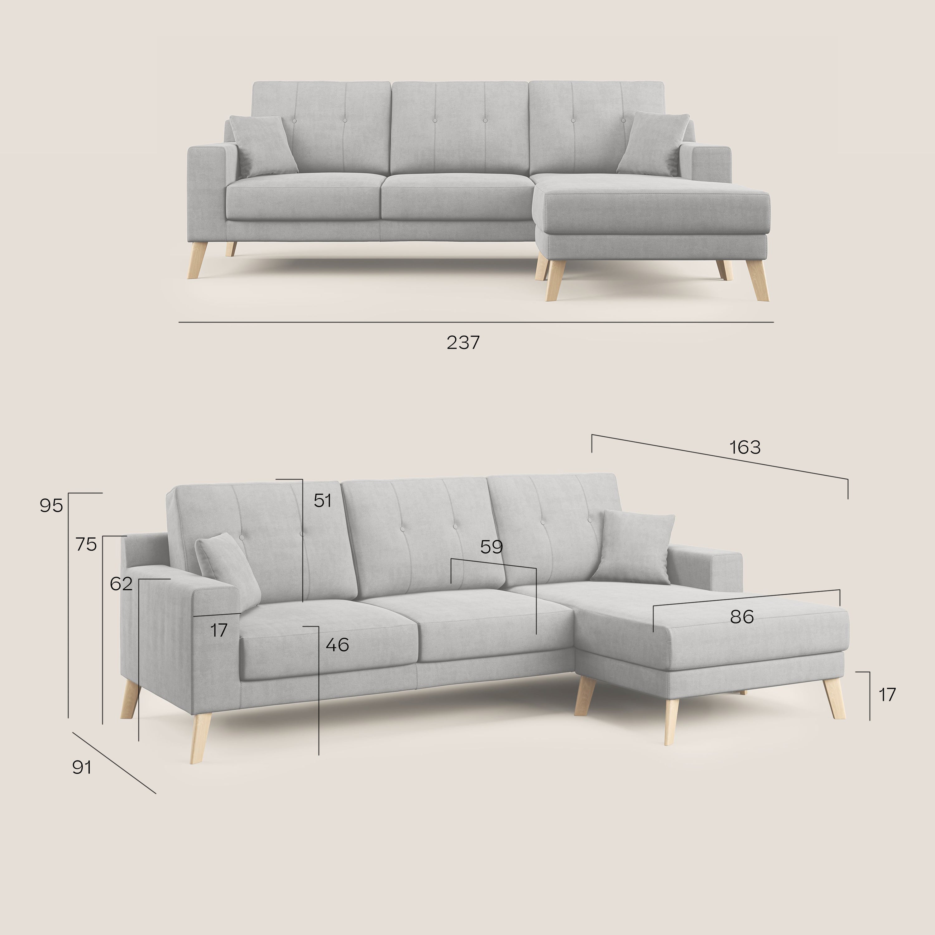 Danish divano angolare REVERSIBILE in tessuto morbido impermeabile T02 beige - divani.store