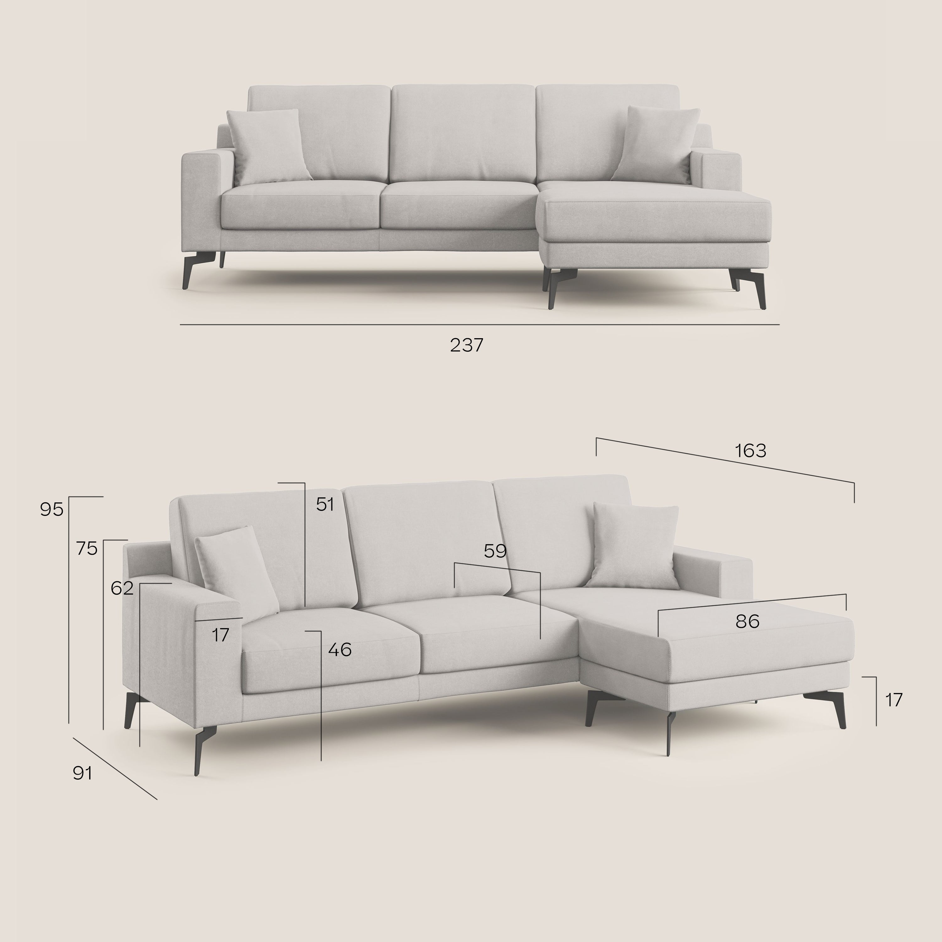 Prestige divano angolare reversibile in microfibra smacchiabile T11 grigio chiaro - divani.store