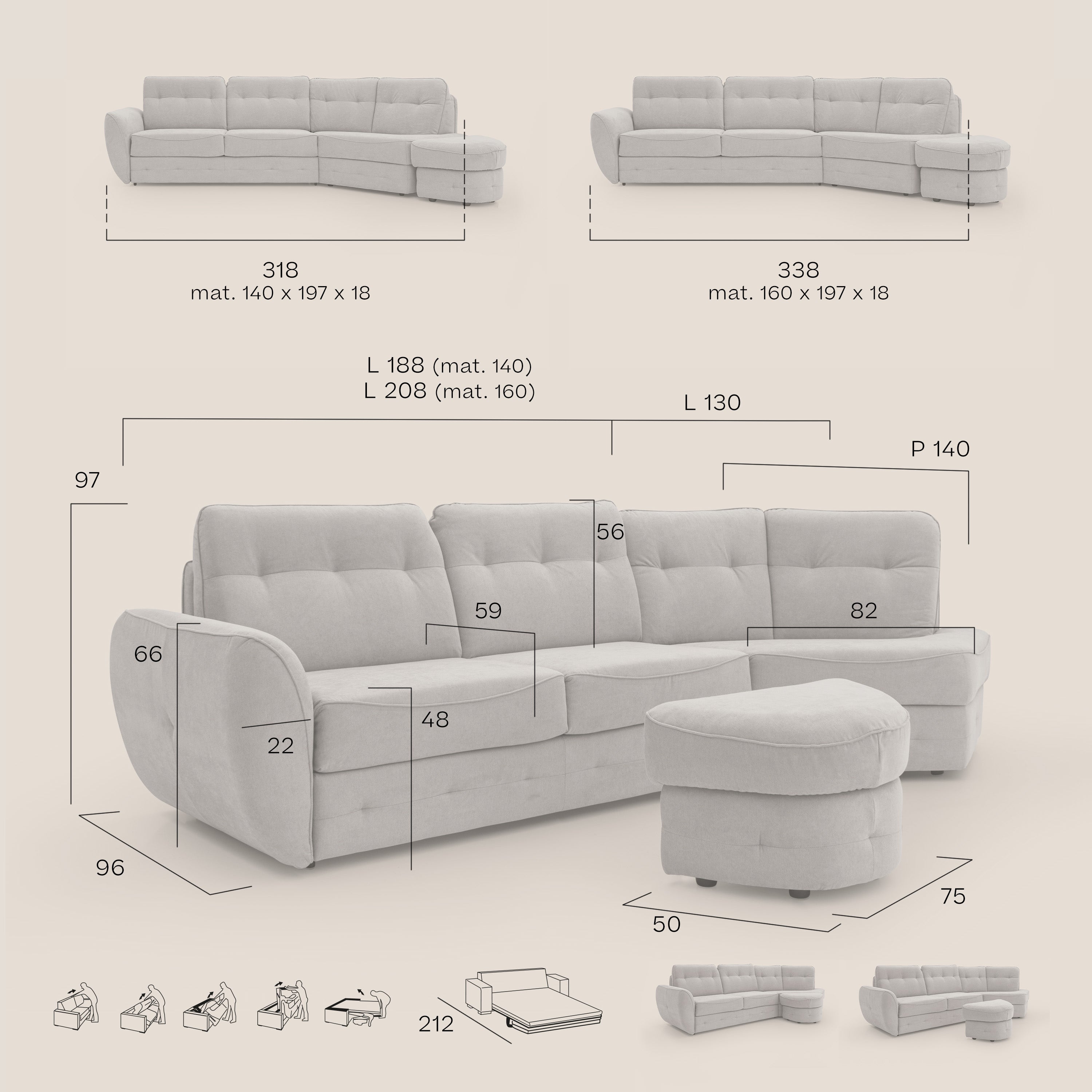 Zeus divano letto angolare con materasso H18 cm pouf mobile in tessuto impermeabile T02 - divani.store