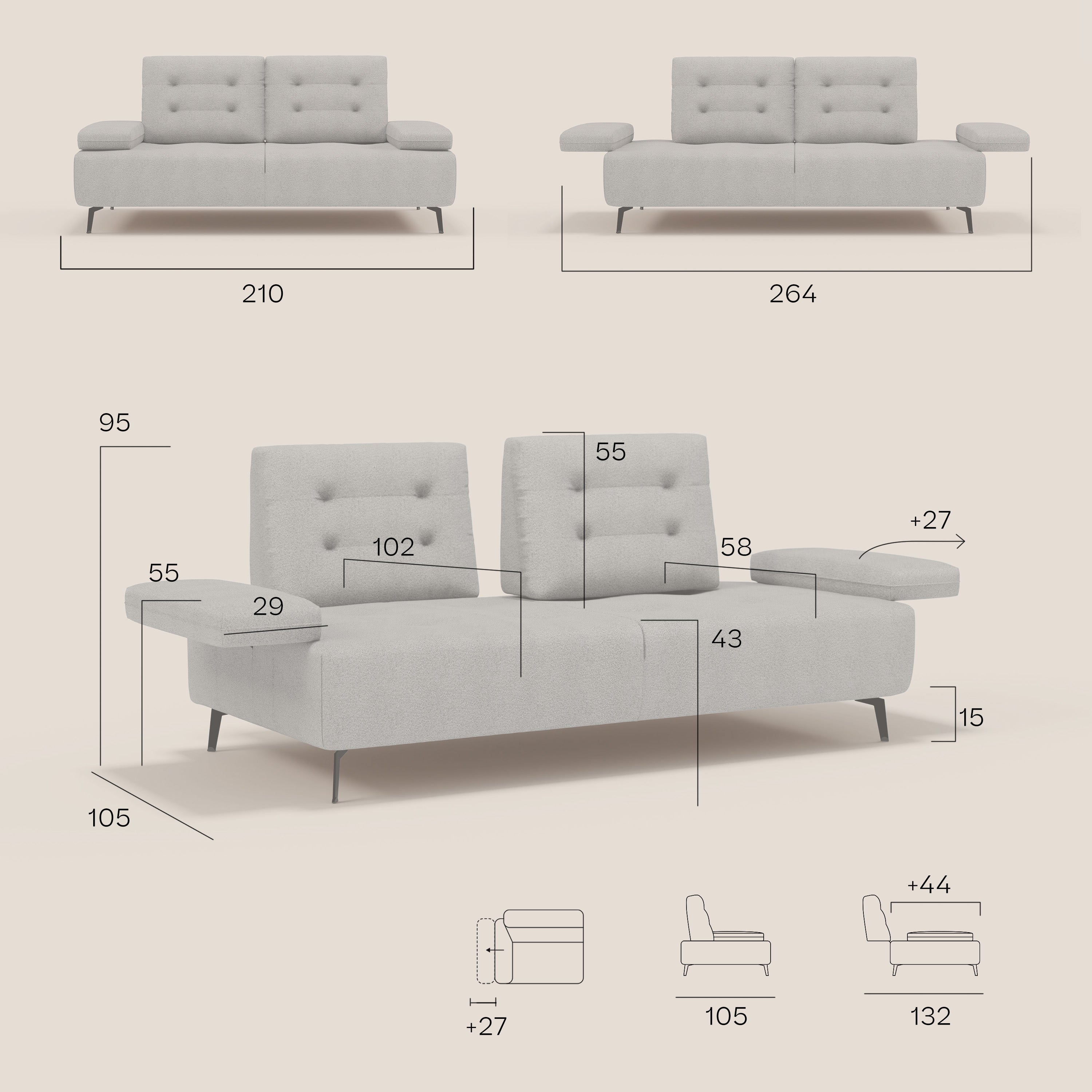 Lugano Divano 3 posti con schienali e braccioli traslanti in morbido bouclé impermeabile T07 - divani.store