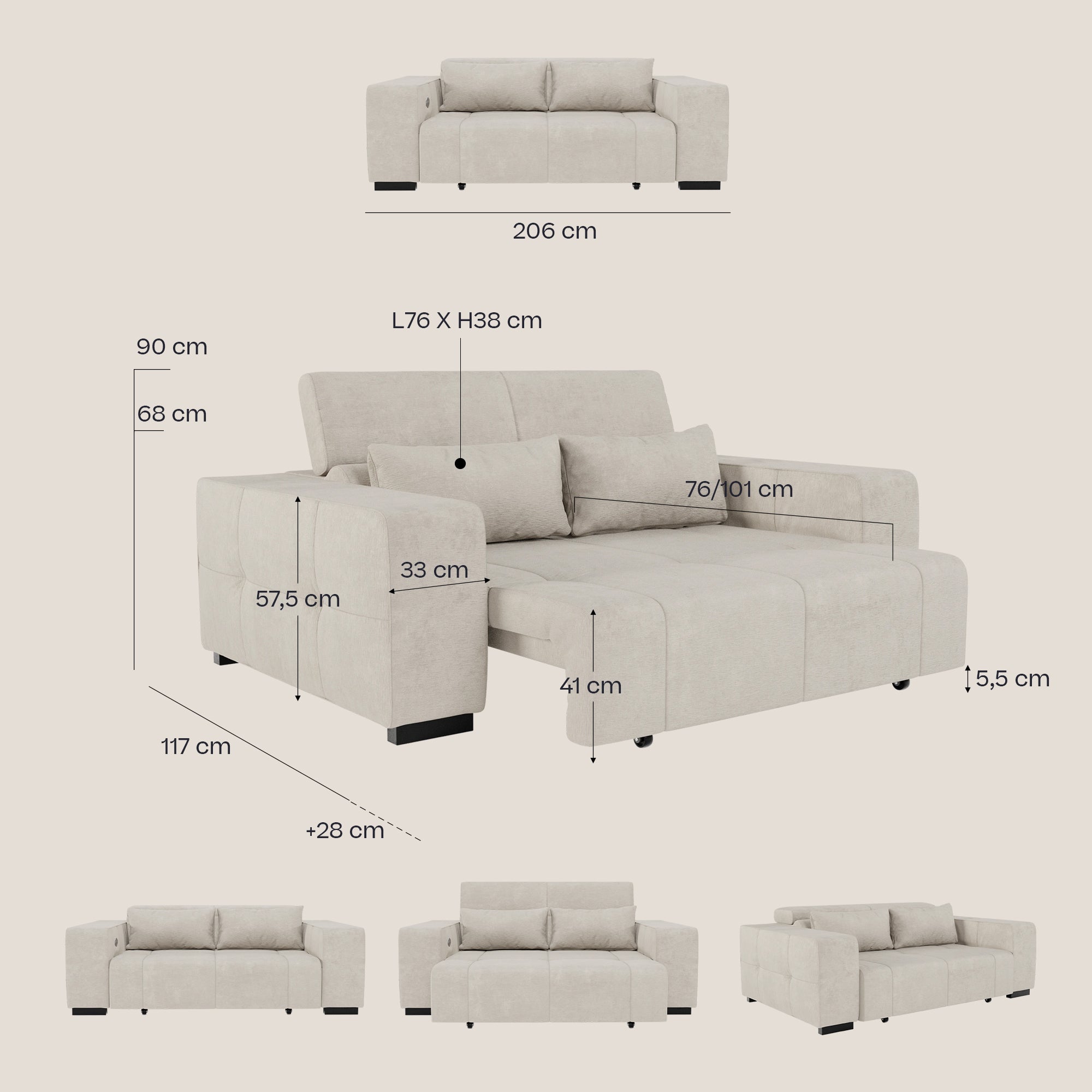 Il Monarch Divano con Relax Elettrico di Divani.Store è un divano letto contemporaneo beige a cinque viste. Misura 206x90x117 cm; la sezione estraibile si estende in profondità di 28 cm per un comfort e uno stile versatili. Rivestito in morbido tessuto T31, facile da pulire.