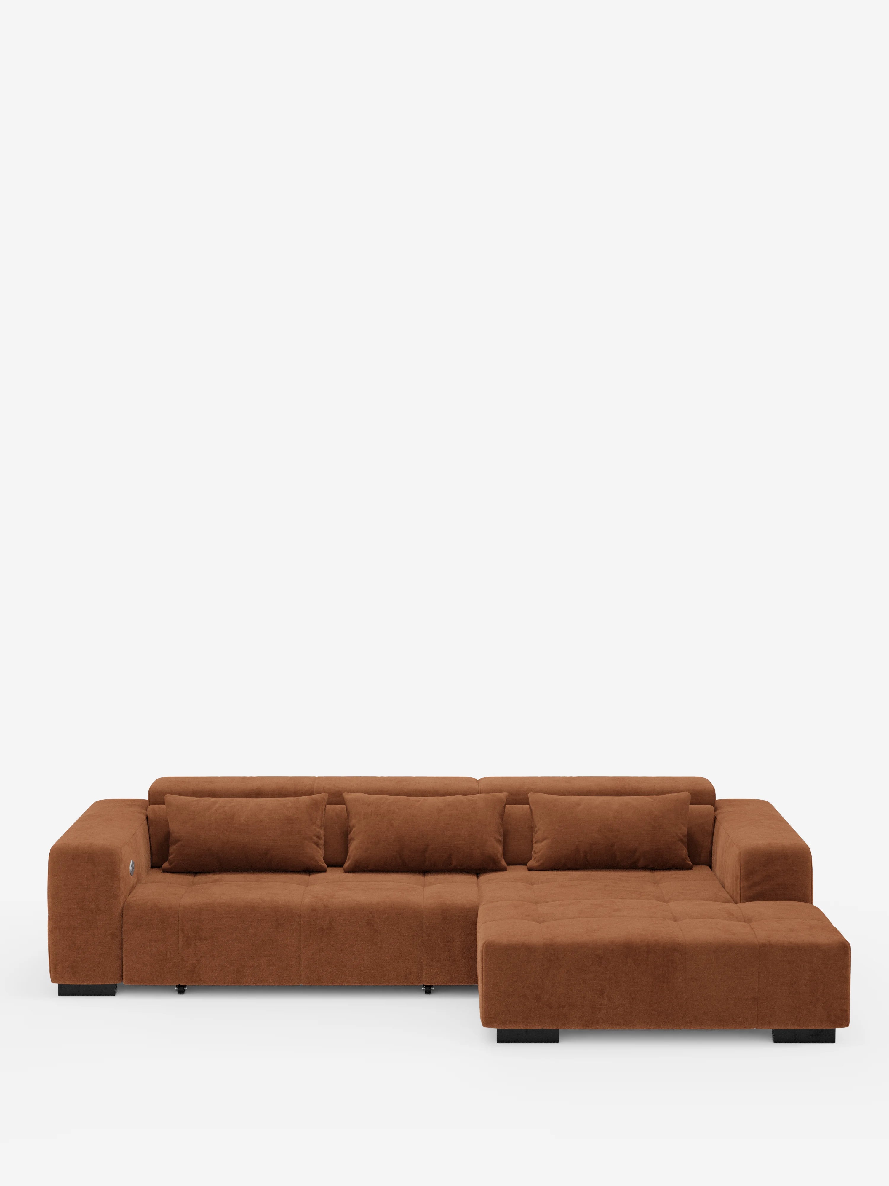 Monarch Ecksofa mit Ottomane und elektrischem Relax-Mechanismus zur Sitzverlängerung – verstellbare Kopfstützen aus weichem, fleckenabweisendem Stoff T31