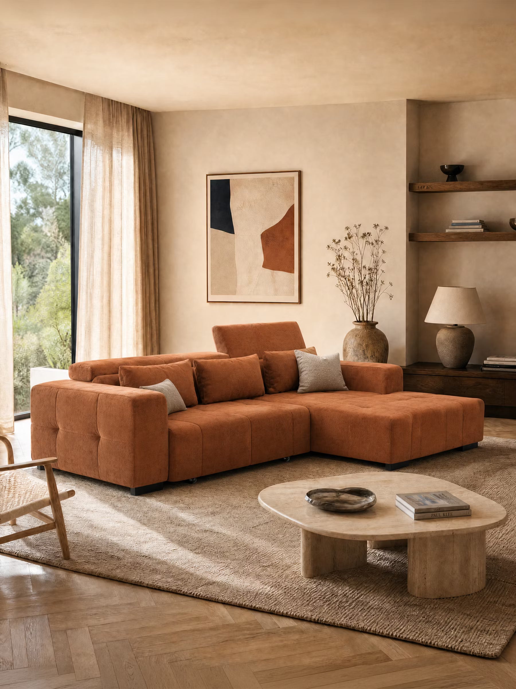 Monarch Divano angolare con penisola e Relax Elettrico per allungamento sedute - Poggiatesta Reclinabili in tessuto morbido smacchiabile T31 - divani.store