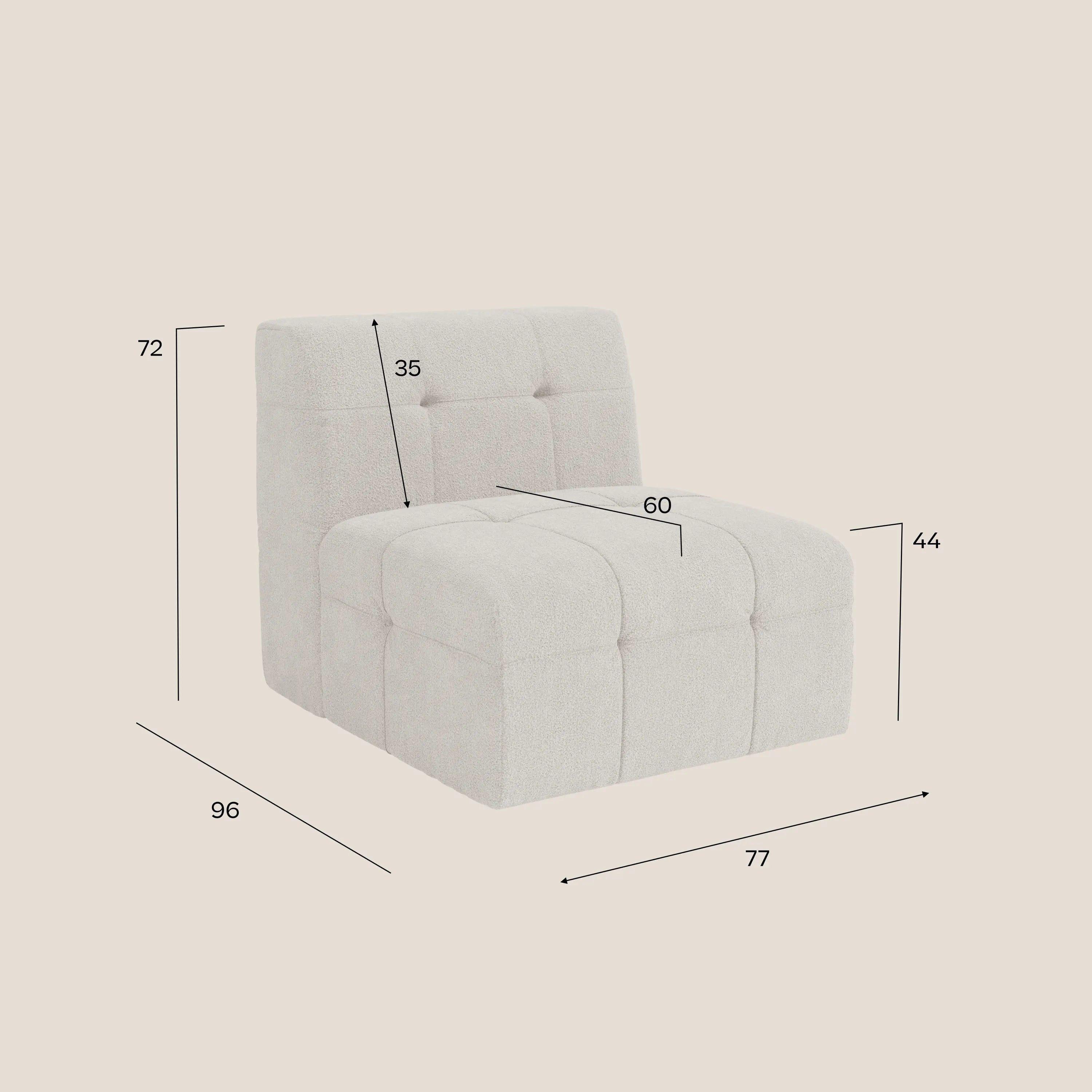 La poltrona Mosaic modulo 77 cm di Divani.Store è una poltrona bianca senza braccioli in bouclé con disegno capitonné e tessuto antimacchia T21; misura 96x77 cm, profondità seduta 60 cm, altezza seduta 44 cm, altezza schienale 72 cm, spessore schienale 35 cm.