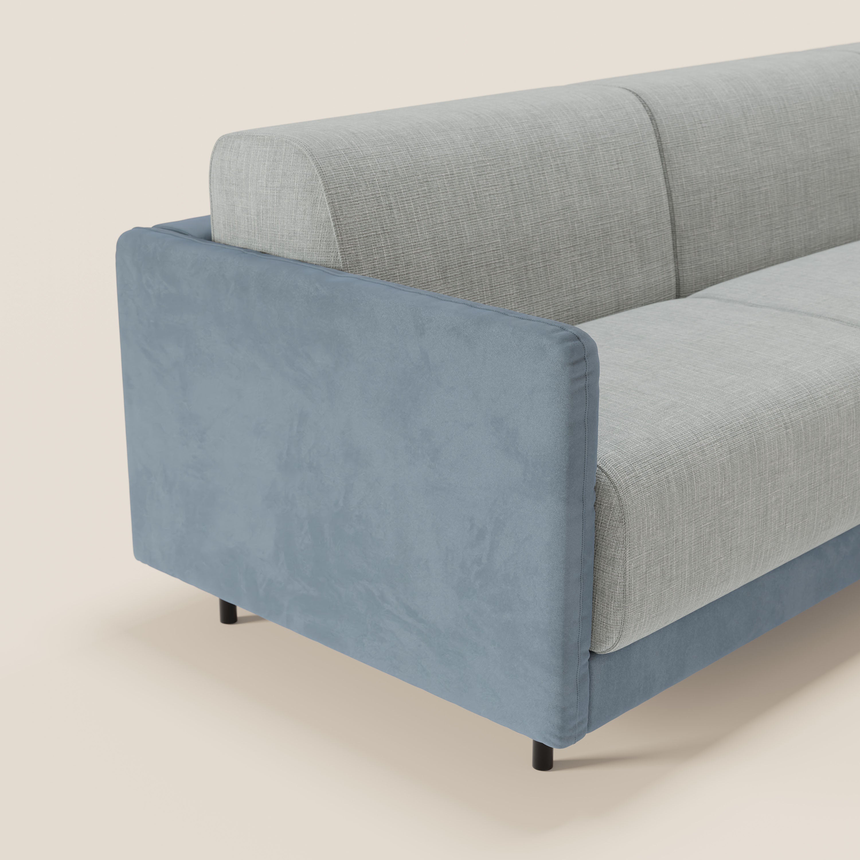 Narciso divano letto angolare con materasso alto 18 cm e penisola contenitore in tessuto bicolore impermeabile T11 e T06 - divani.store