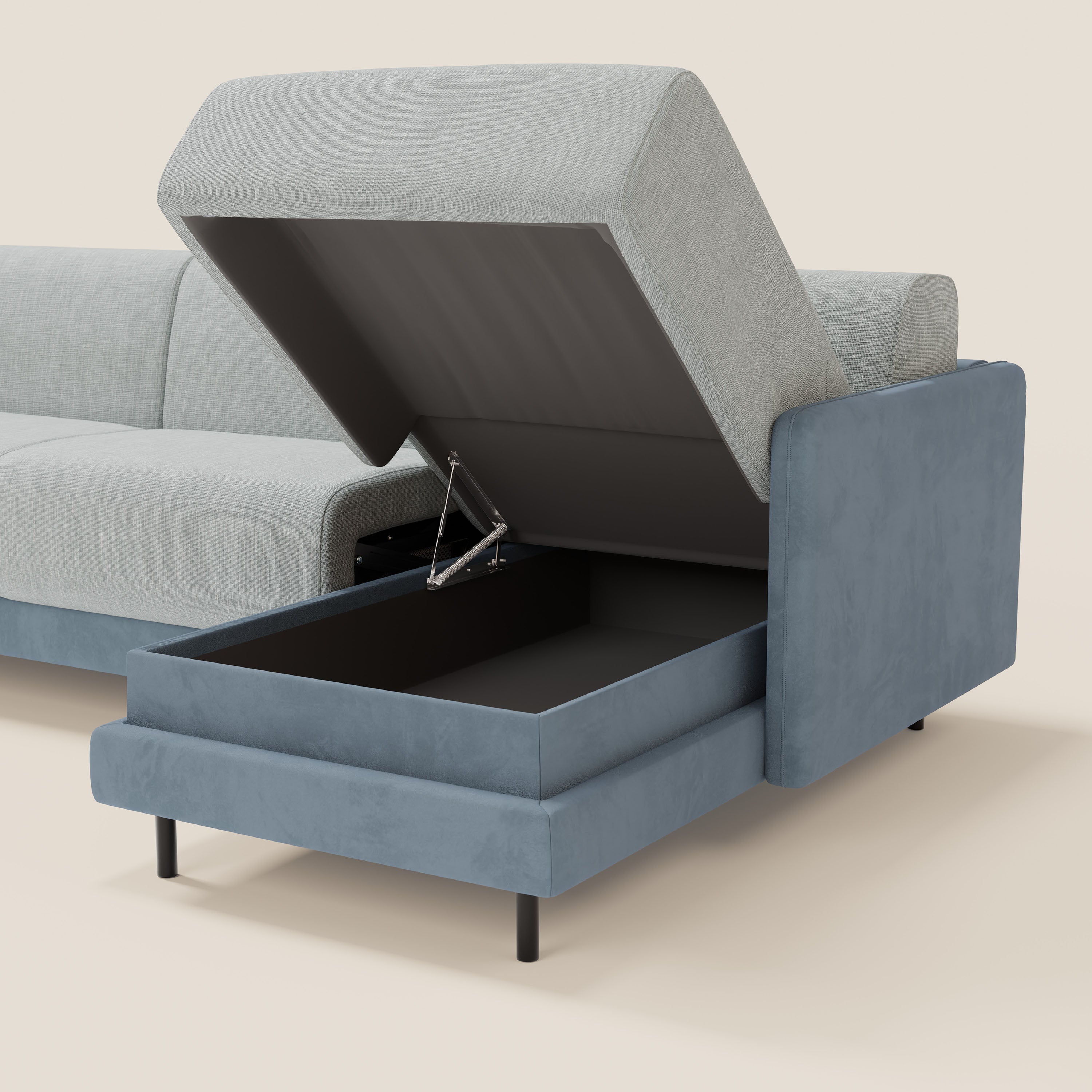 Narciso divano letto angolare con materasso alto 18 cm e penisola contenitore in tessuto bicolore impermeabile T11 e T06 - divani.store