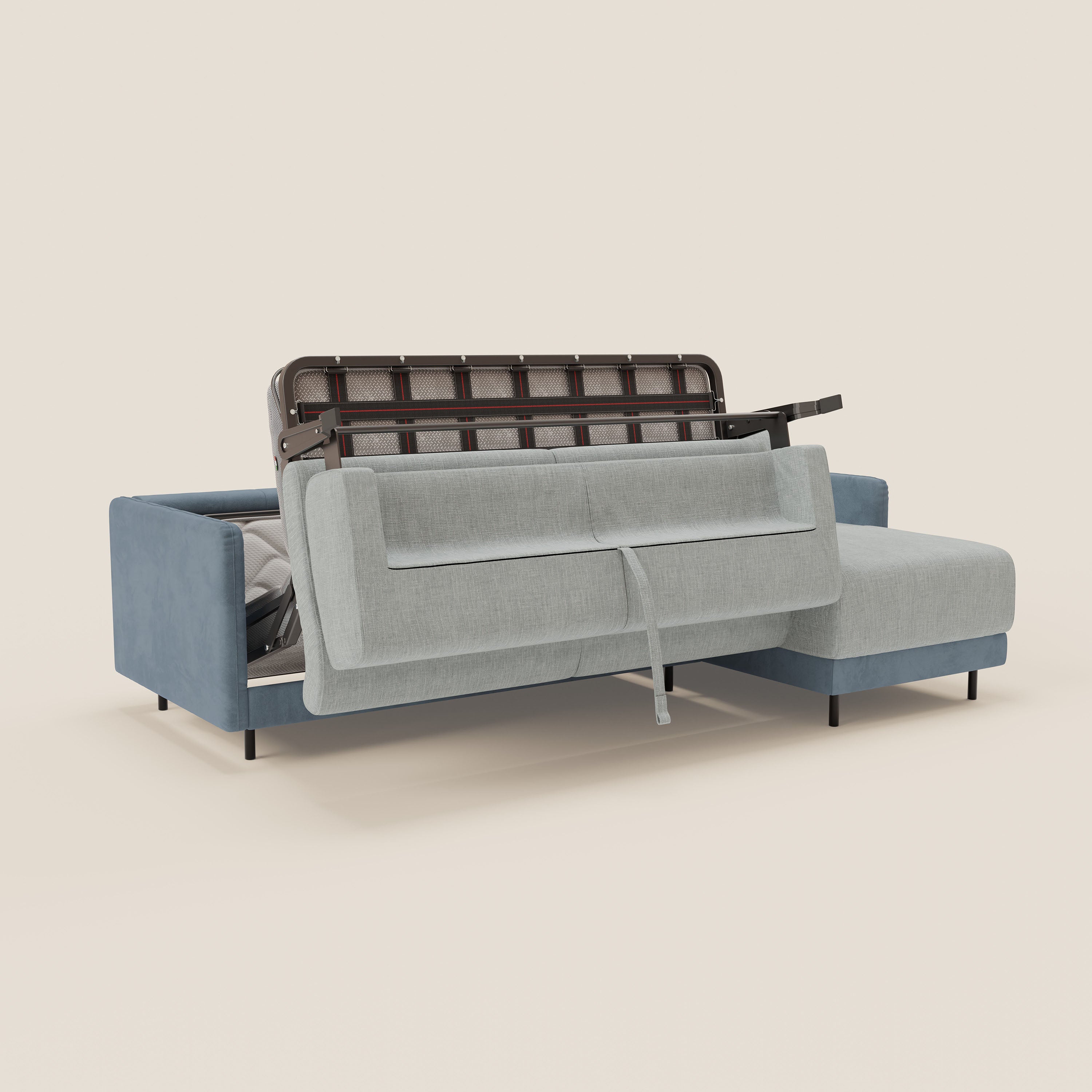 Narciso divano letto angolare con materasso alto 18 cm e penisola contenitore in tessuto bicolore impermeabile T11 e T06 - divani.store