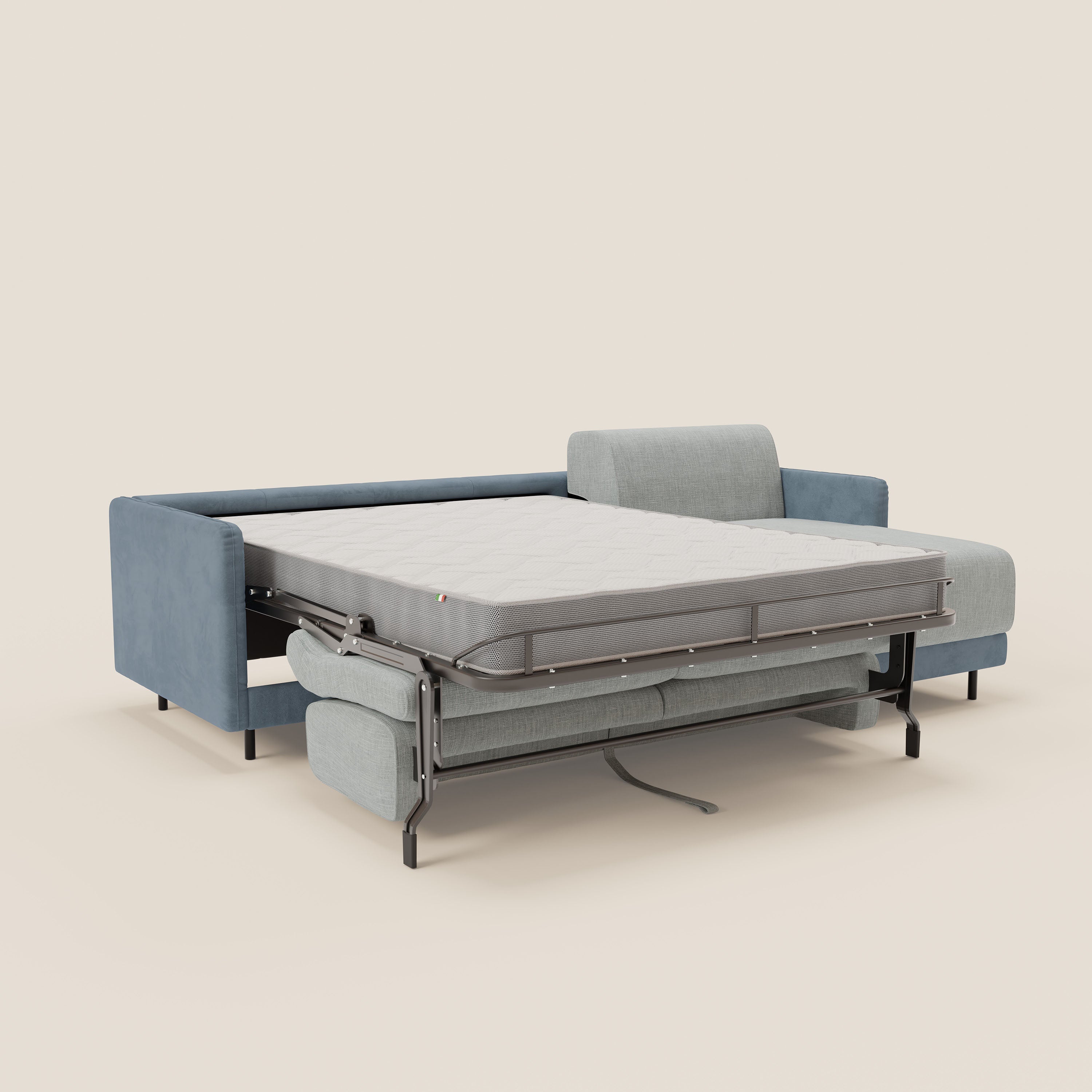 Narciso divano letto angolare con materasso alto 18 cm e penisola contenitore in tessuto bicolore impermeabile T11 e T06 - divani.store