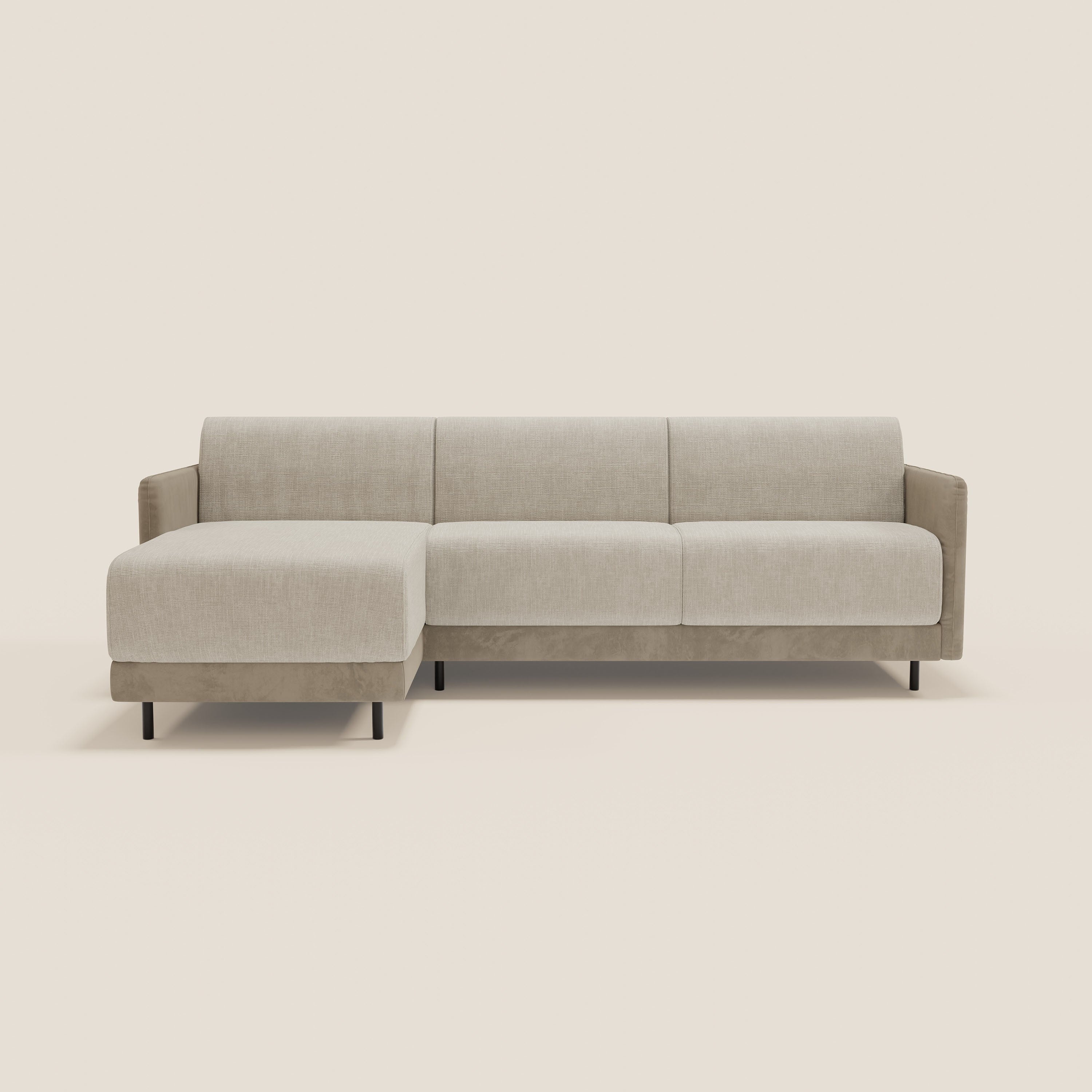 Narciso divano letto angolare con materasso alto 18 cm e penisola contenitore in tessuto bicolore impermeabile T11 e T06 - divani.store