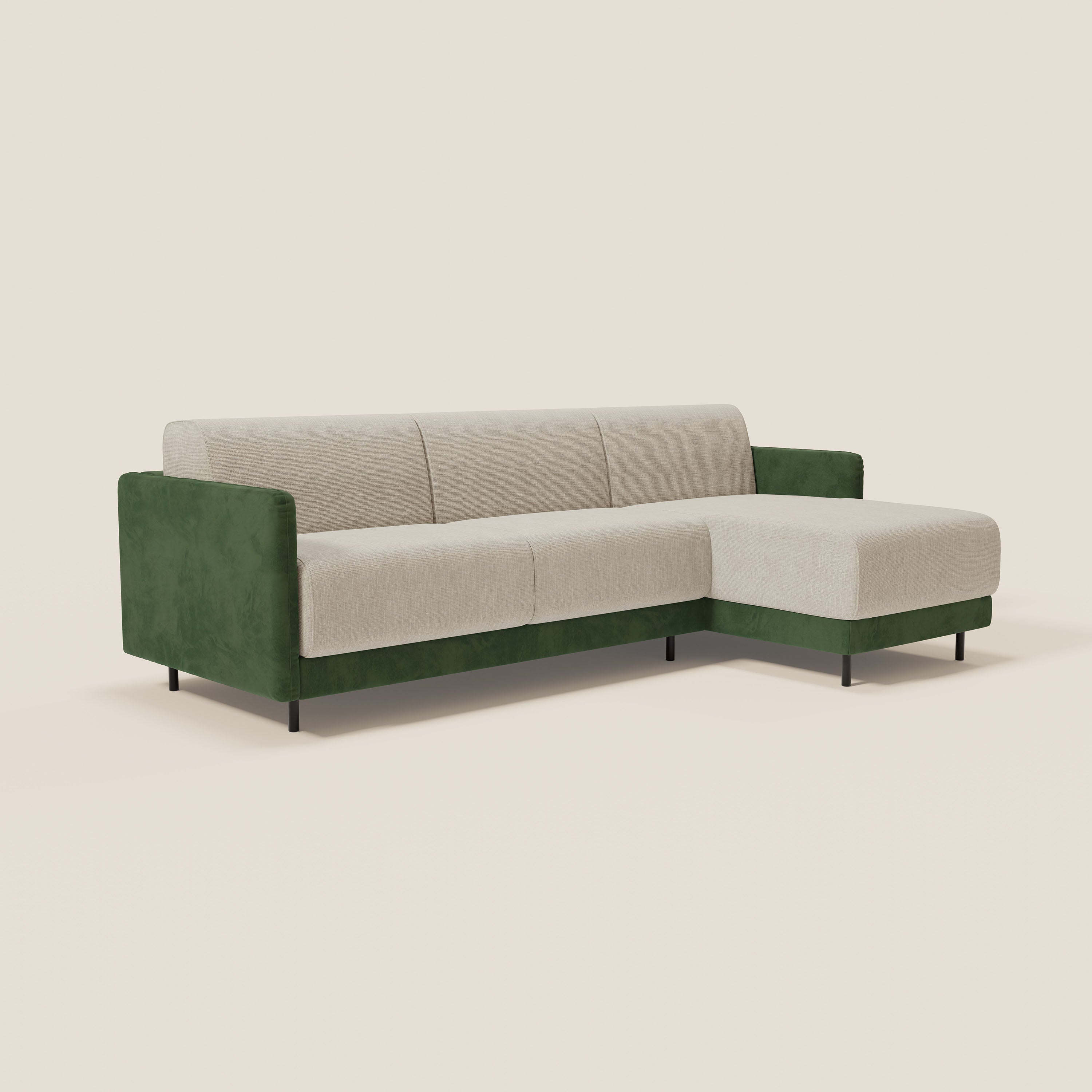 Narciso divano letto angolare con materasso alto 18 cm e penisola contenitore in tessuto bicolore impermeabile T11 e T06 - divani.store