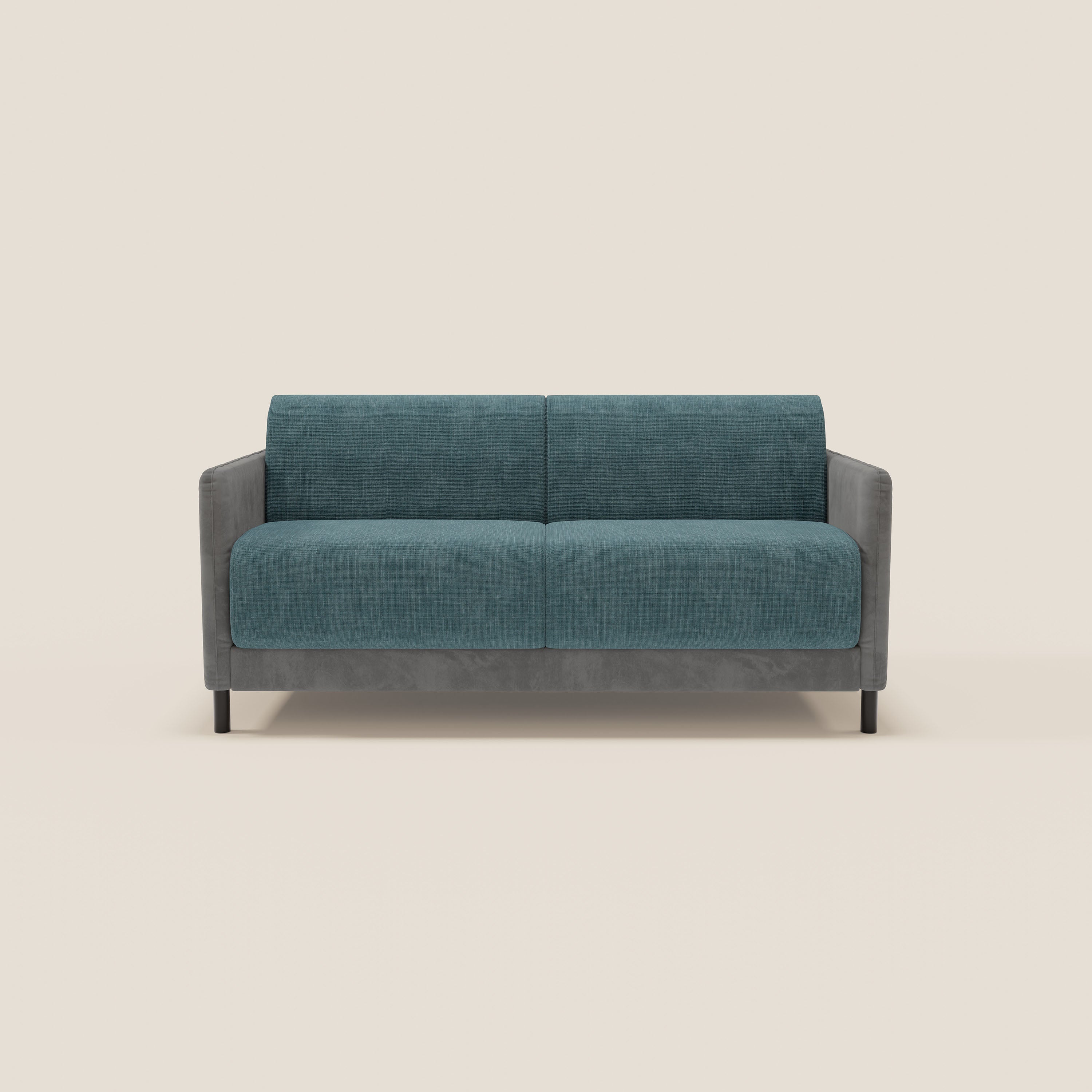 Il divano letto Narciso di Divani.Store è un moderno divano letto a due posti con materasso H18 cm, bicolore in microfibra grigio scuro e tessuto impermeabile T06 azzurro, caratterizzato da linee pulite e gambe corte nere su sfondo beige chiaro.