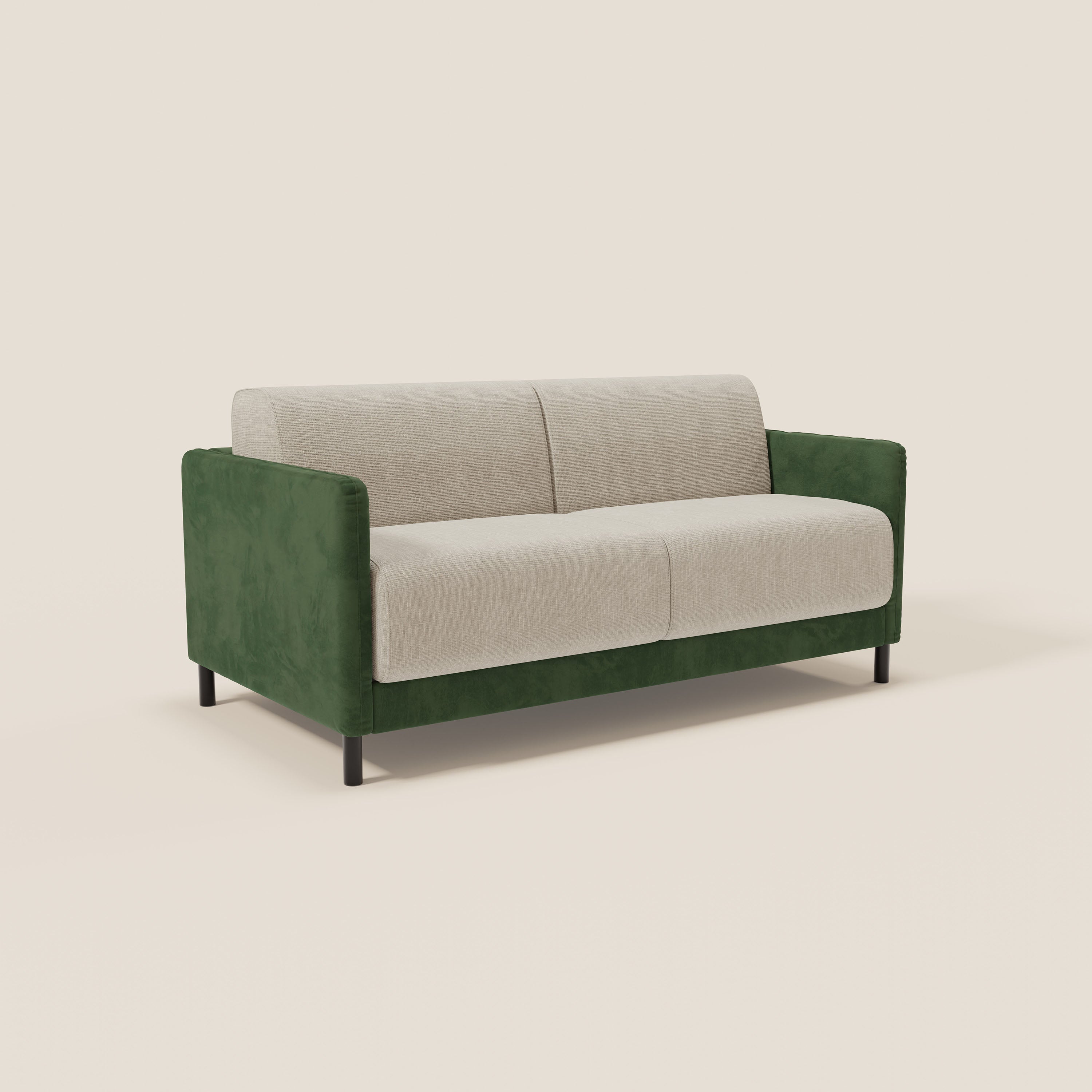 Il divano letto Narciso di Divani.Store è un moderno due posti con struttura in microfibra bicolore, tessuto antimacchia verde e panna, elegante rivestimento impermeabile T06, linee rette, gambe nere e materasso da 18 cm.