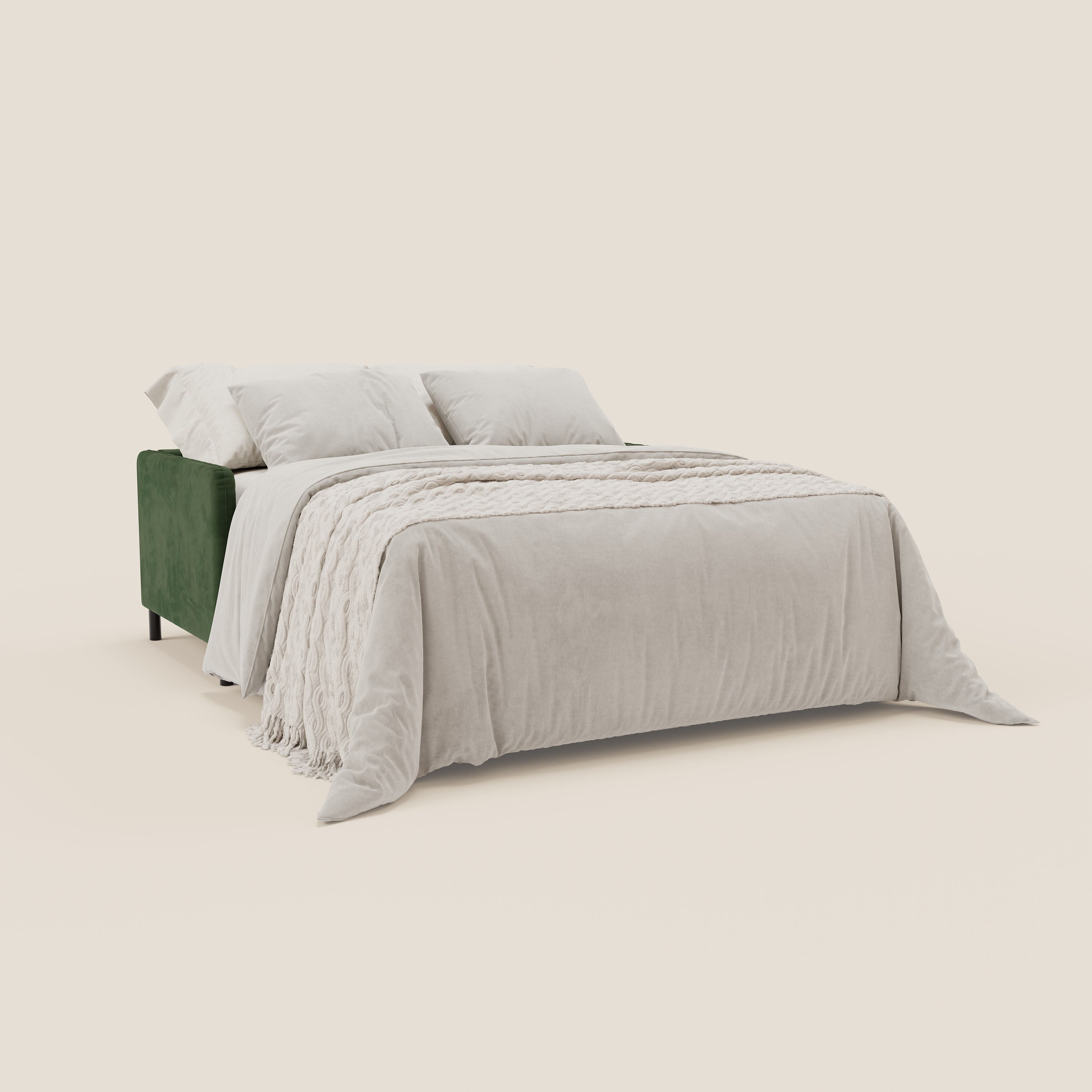 Il divano letto Narciso di Divani.Store ha una struttura in microfibra lavabile bicolore verde-panna, un elegante rivestimento in tessuto impermeabile T06, biancheria da letto beige chiaro, cuscini, coperta testurizzata e include un materasso da 18 cm per un maggiore comfort.