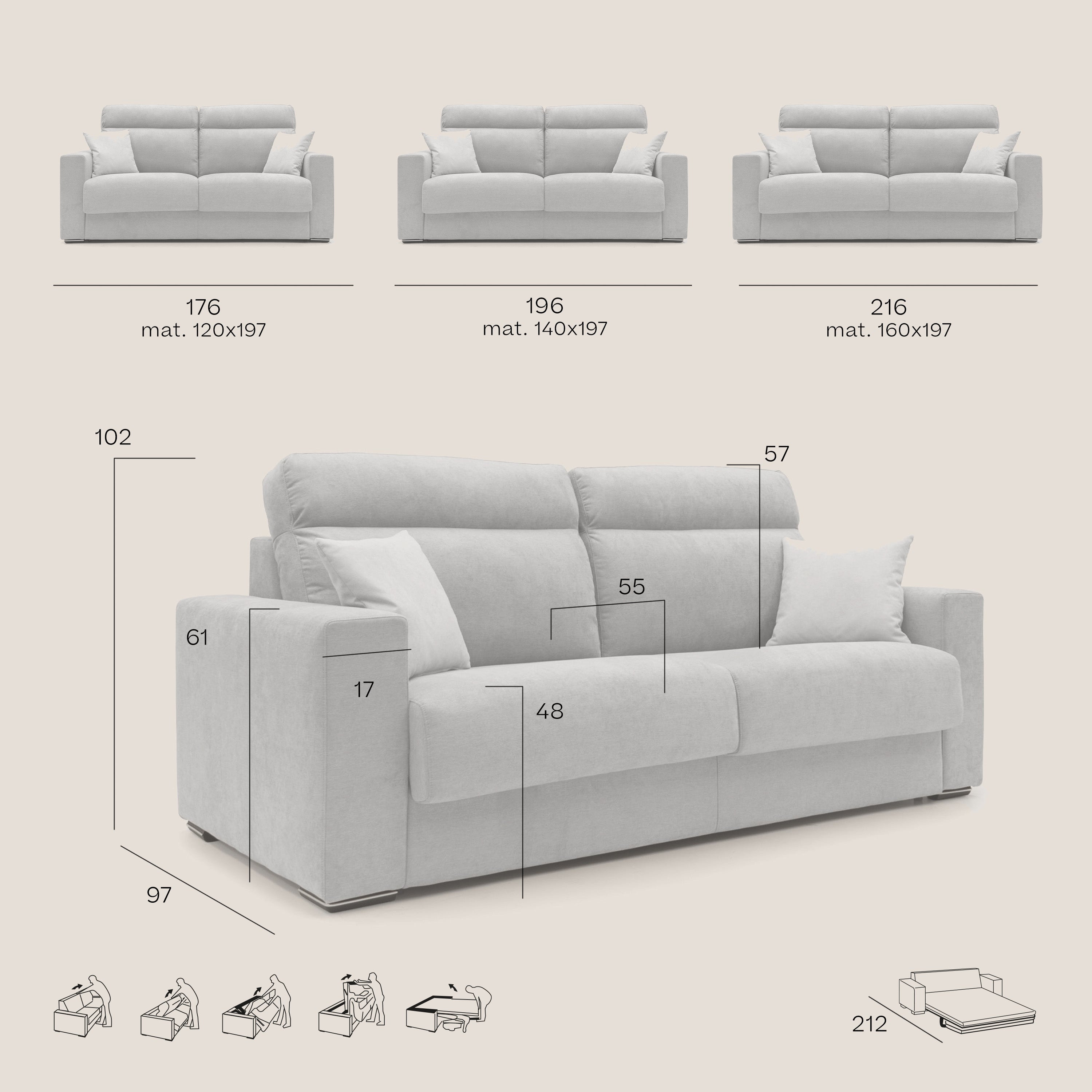 Nikita Divano letto matrimoniale con schienale morbido alto e rivestimento T02 panna - divani.store