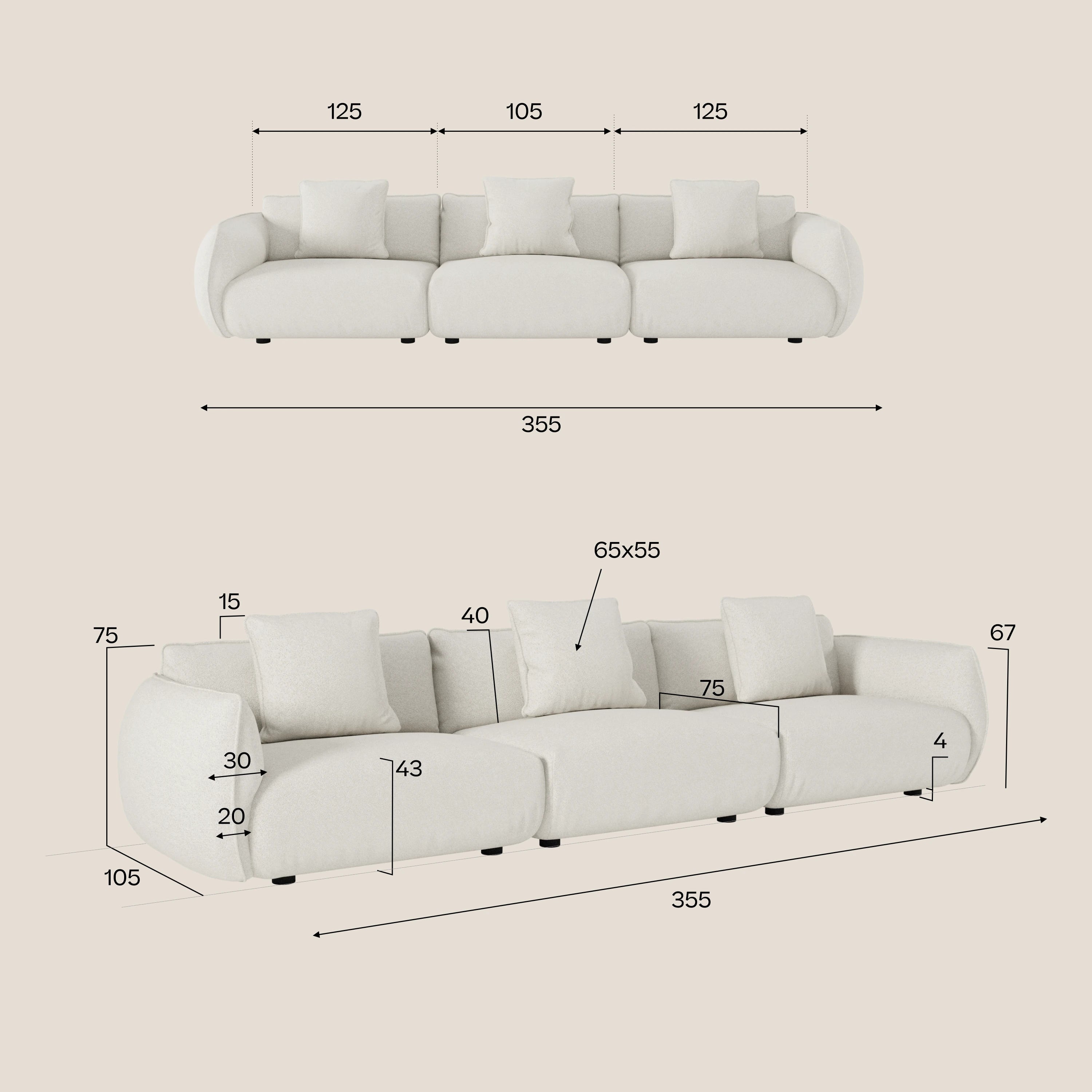 Il divano modulare a 3 sedute Nimbus di Divani.Store, in morbido tessuto di cotone antimacchia T33, è presentato di fronte e di lato. È dotato di quattro cuscini e misura 355x105x67 cm; altezza seduta 40 cm, profondità seduta 75 cm, altezza braccioli/cuscini 75/65x55 cm.