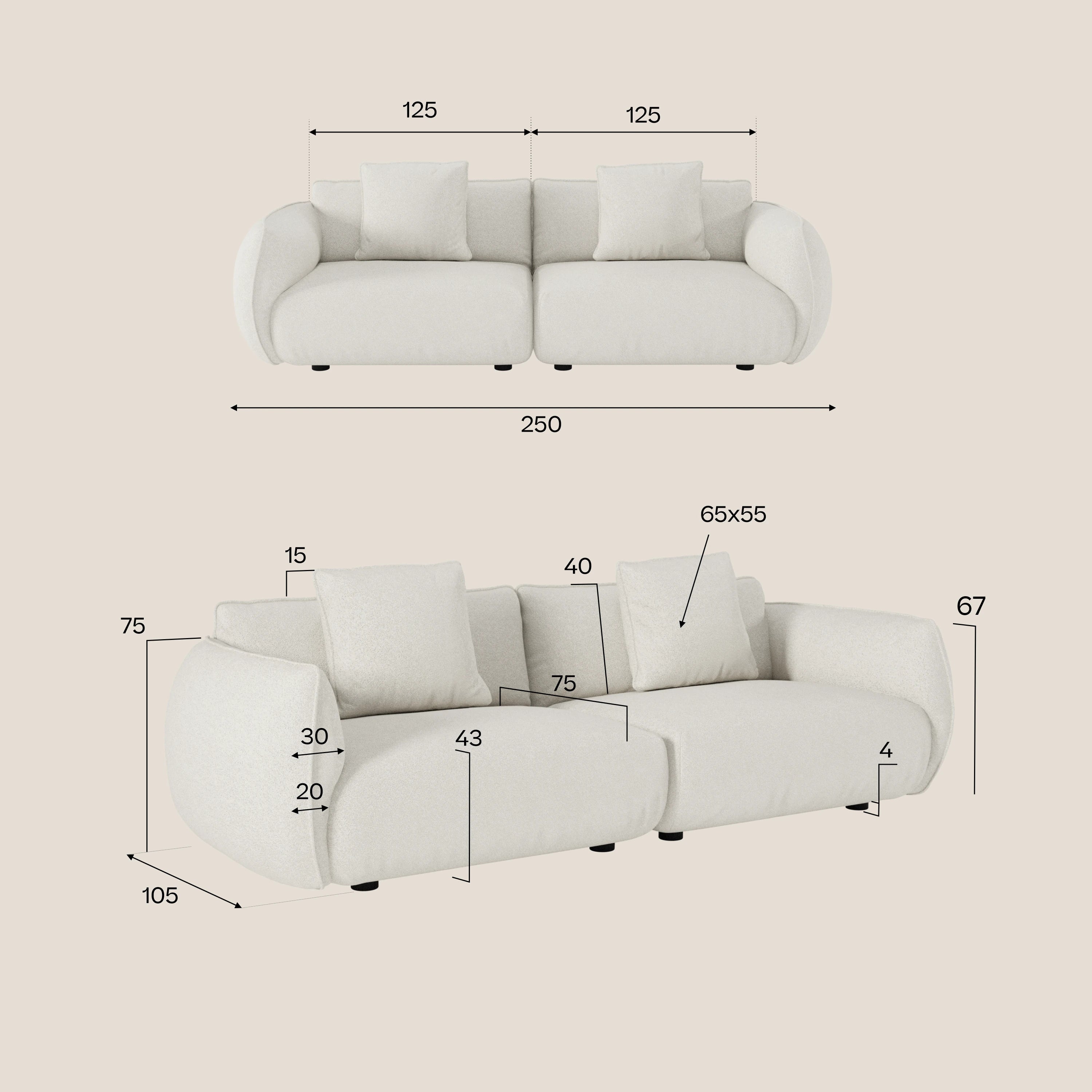 Sono mostrate due angolazioni del divano Nimbus 3 posti modulare 250 cm di Divani.Store: frontale (larghezza 250 cm, sezioni di seduta 125 cm ciascuna) e laterale (altezza 75 cm, profondità 105 cm, altezza braccioli 67 cm, altezza seduta 43 cm, cuscini 65x55 cm).