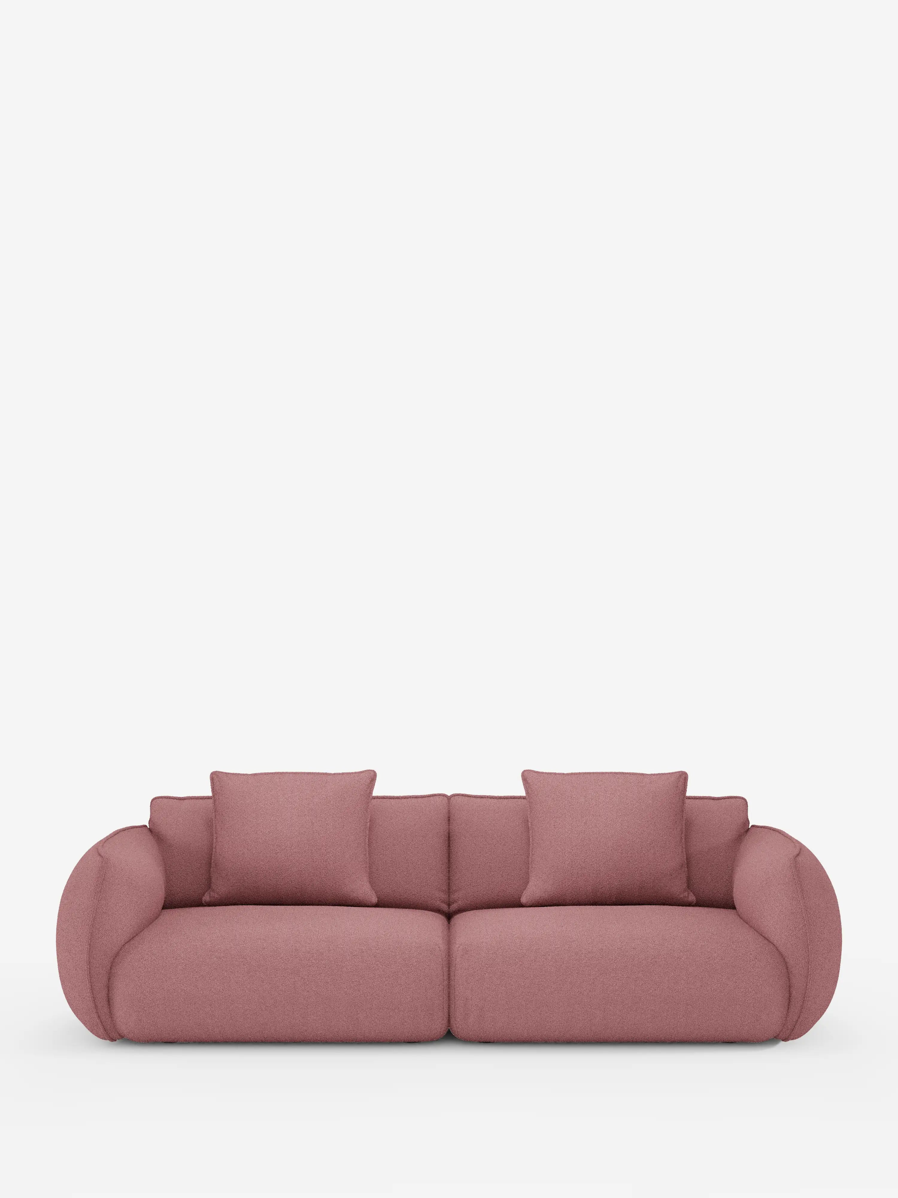 Un moderno divano Nimbus a 3 posti, modulare e componibile, firmato Divani.Store, rivestito in un morbido tessuto effetto cotone resistente alle macchie (t33), caratterizzato da morbidi braccioli e schienale arrotondati, spicca su uno sfondo bianco a tinta unita. Questo divano da 250 cm include quattro cuscini rosa abbinati — due su ciascun lato — e presenta un design minimalista e contemporaneo dall’aspetto accogliente.