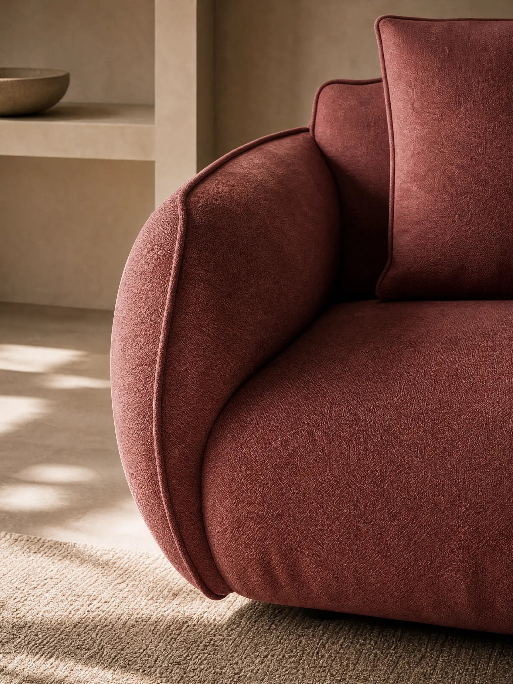 Primo piano di un moderno divano modulare a 3 posti Nimbus di Divani.Store, rivestito in tessuto antimacchia effetto cotone T33. La luce soffusa mette in risalto la texture rosa intenso e il cuscino coordinato, che irradiano comfort su un tappeto e una parete beige.