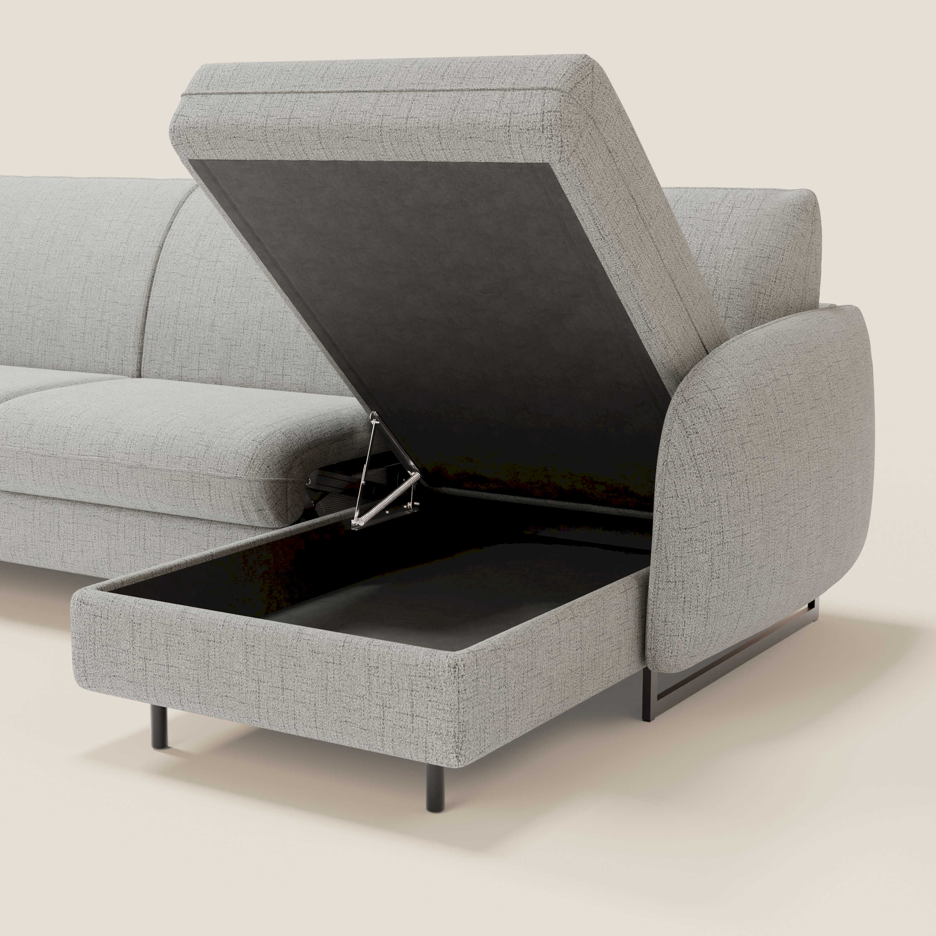 Ninfea Divano Letto Angolare con Penisola Contenitore e Materasso H18 cm - piedini in metallo e Tessuto impermeabile T03 - divani.store