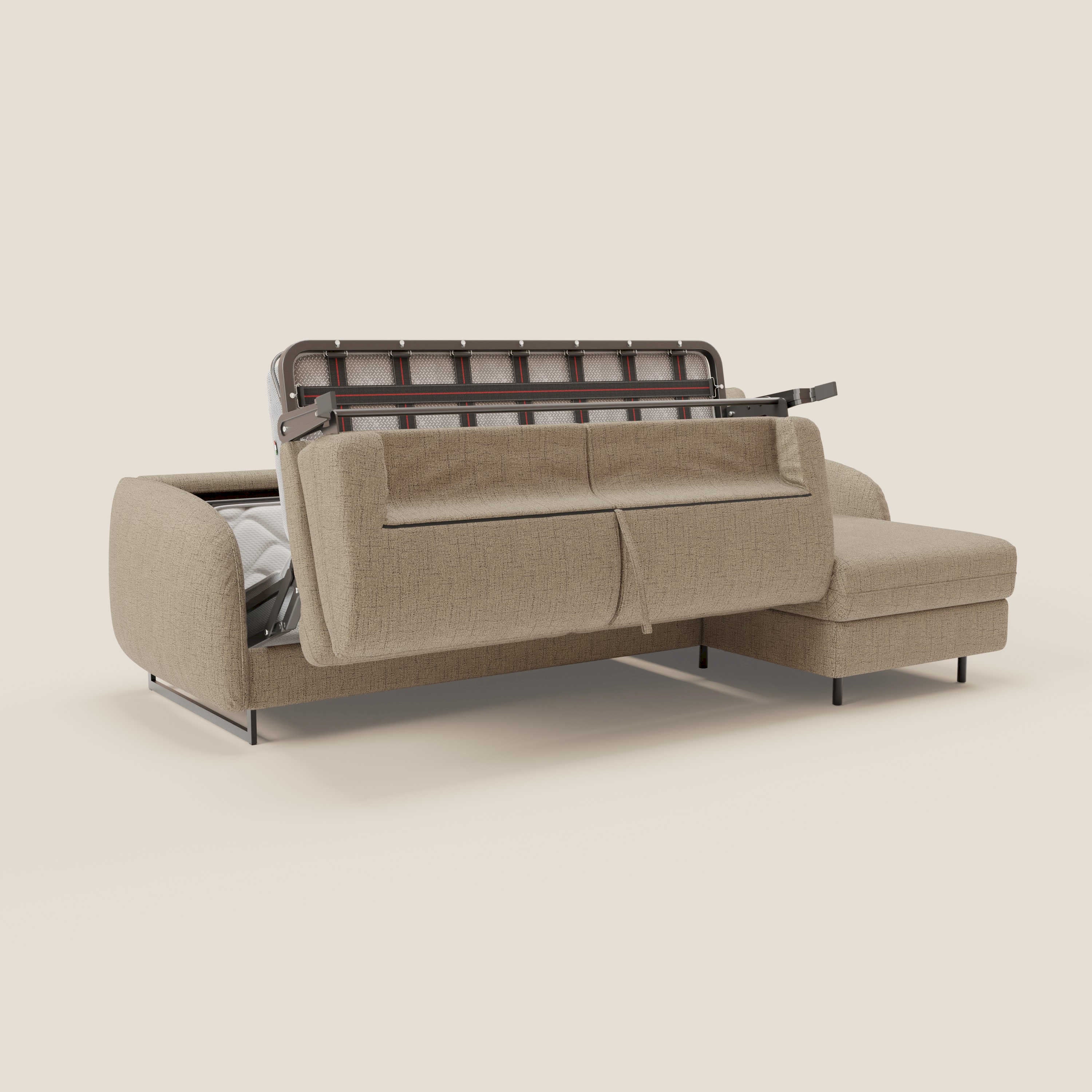 Ninfea Divano Letto Angolare con Penisola Contenitore e Materasso H18 cm - piedini in metallo e Tessuto impermeabile T03 - divani.store