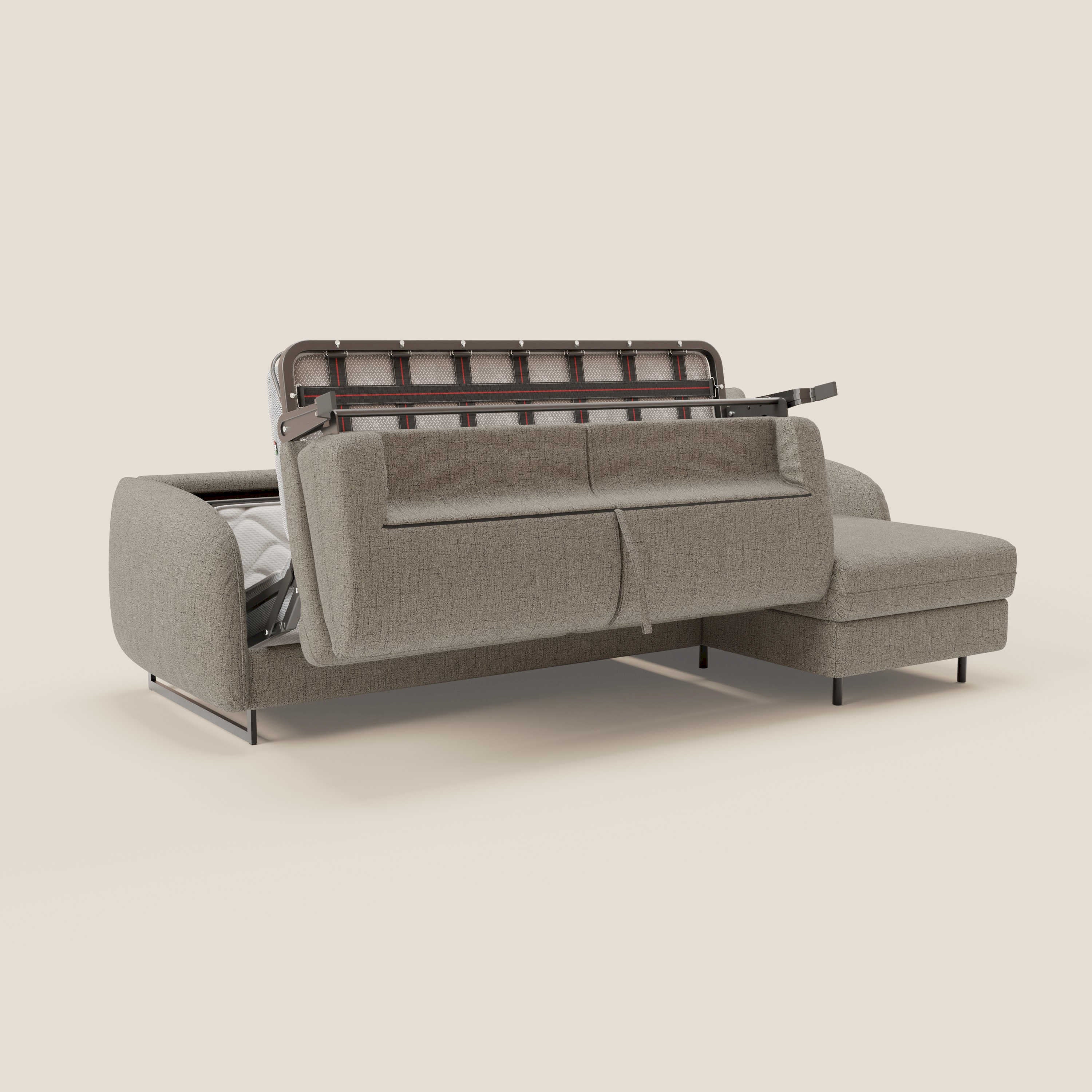 Ninfea Divano Letto Angolare con Penisola Contenitore e Materasso H18 cm - piedini in metallo e Tessuto impermeabile T03 - divani.store