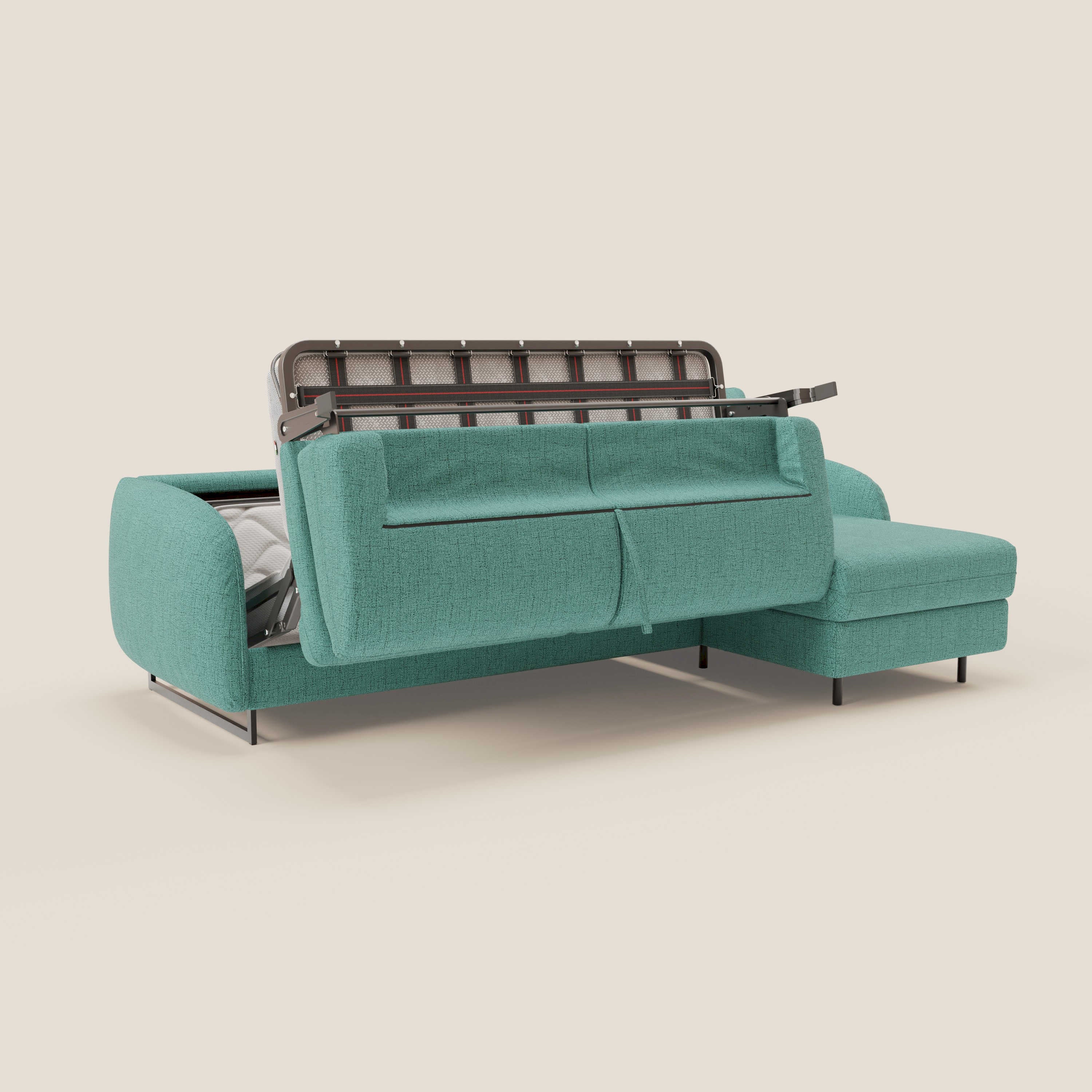 Ninfea Divano Letto Angolare con Penisola Contenitore e Materasso H18 cm - piedini in metallo e Tessuto impermeabile T03 - divani.store