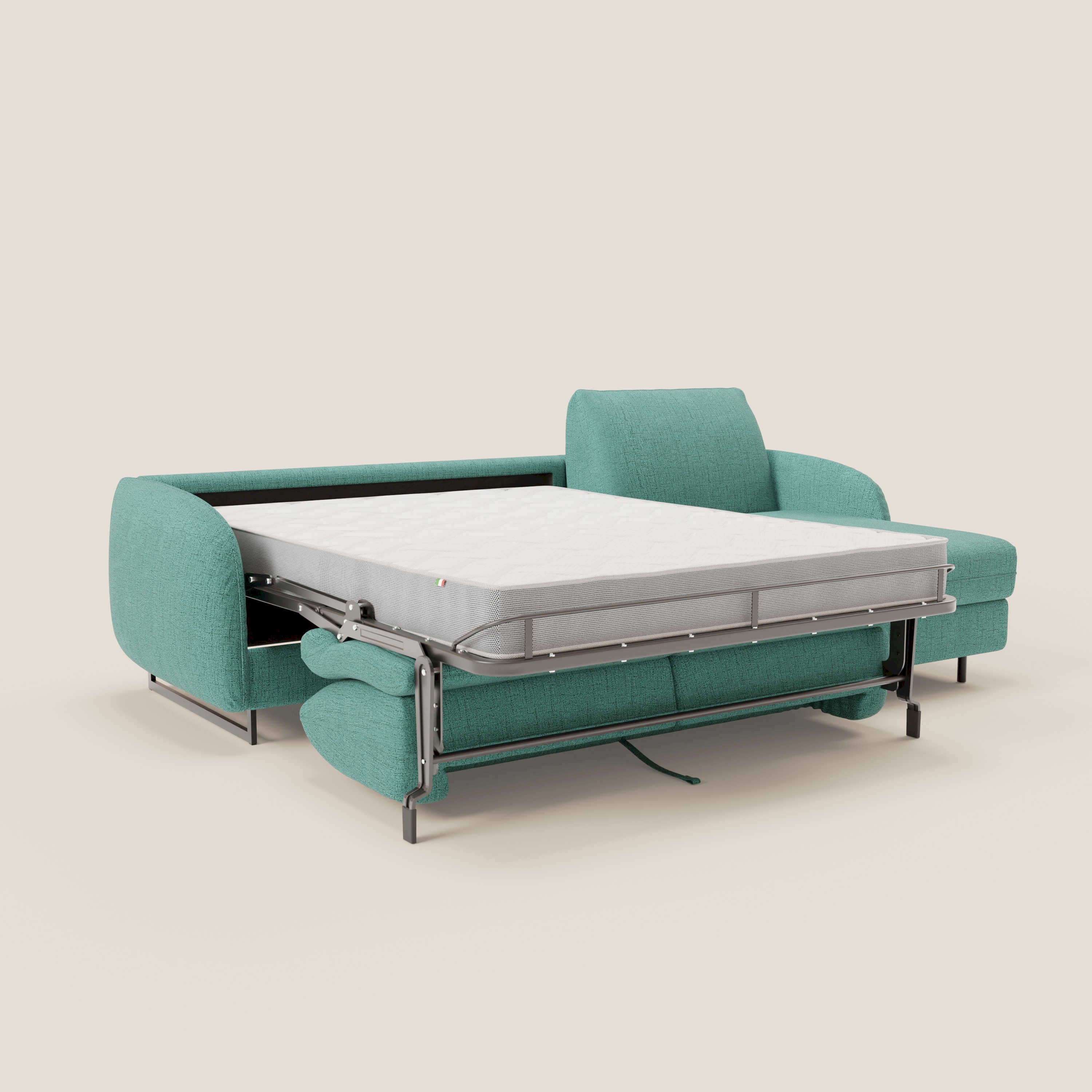 Ninfea Divano Letto Angolare con Penisola Contenitore e Materasso H18 cm - piedini in metallo e Tessuto impermeabile T03 - divani.store