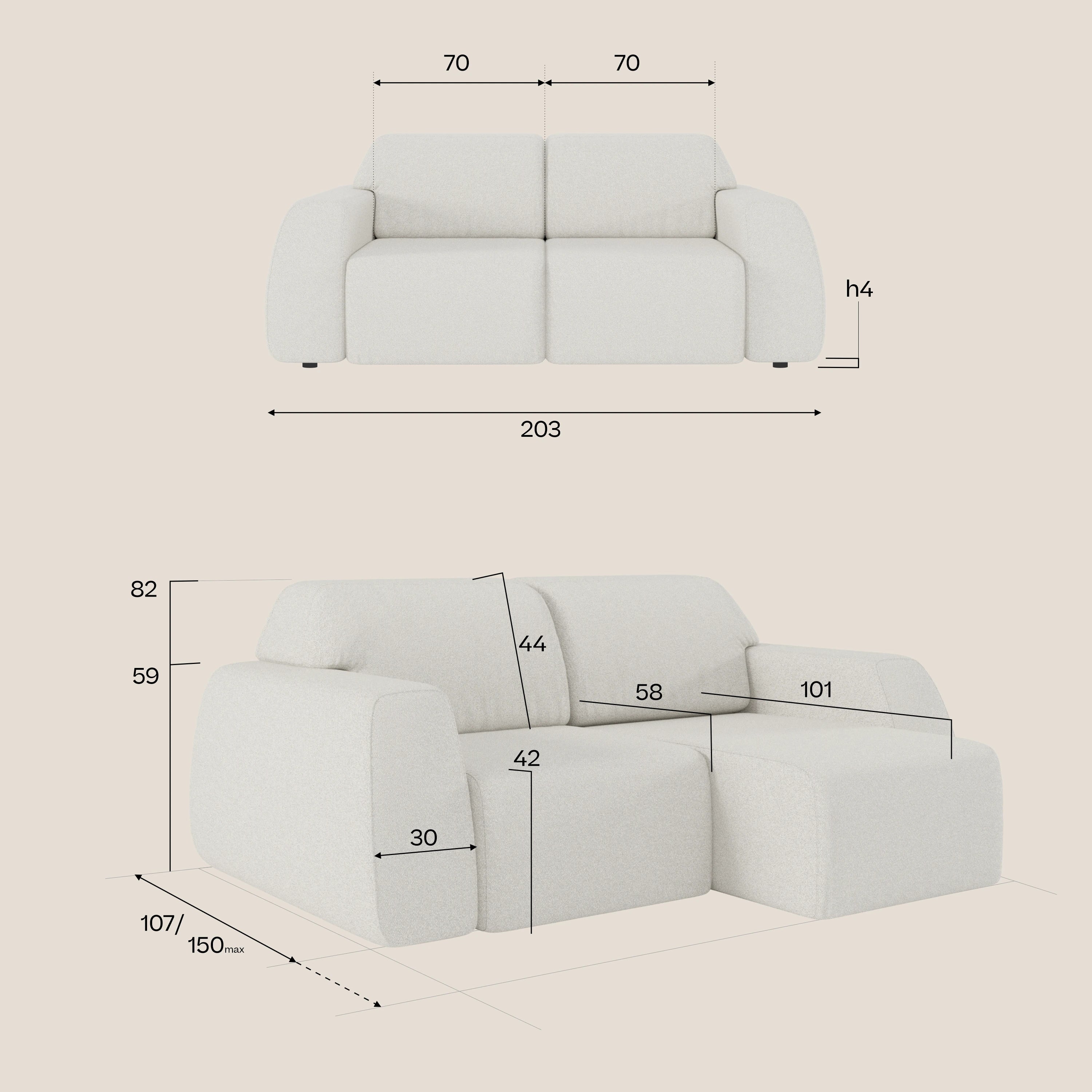 Il divano Orbit 2 e 3 posti di Divani.Store è presentato in tessuto bianco effetto cotone T33 completamente sfoderabile e antimacchia. Dimensioni: L203xP101xH82 cm; seduta H42 cm; schienale H44 cm; seduta P58 cm; bracciolo H59 cm; segmento 70 cm. Vista laterale e frontale.
