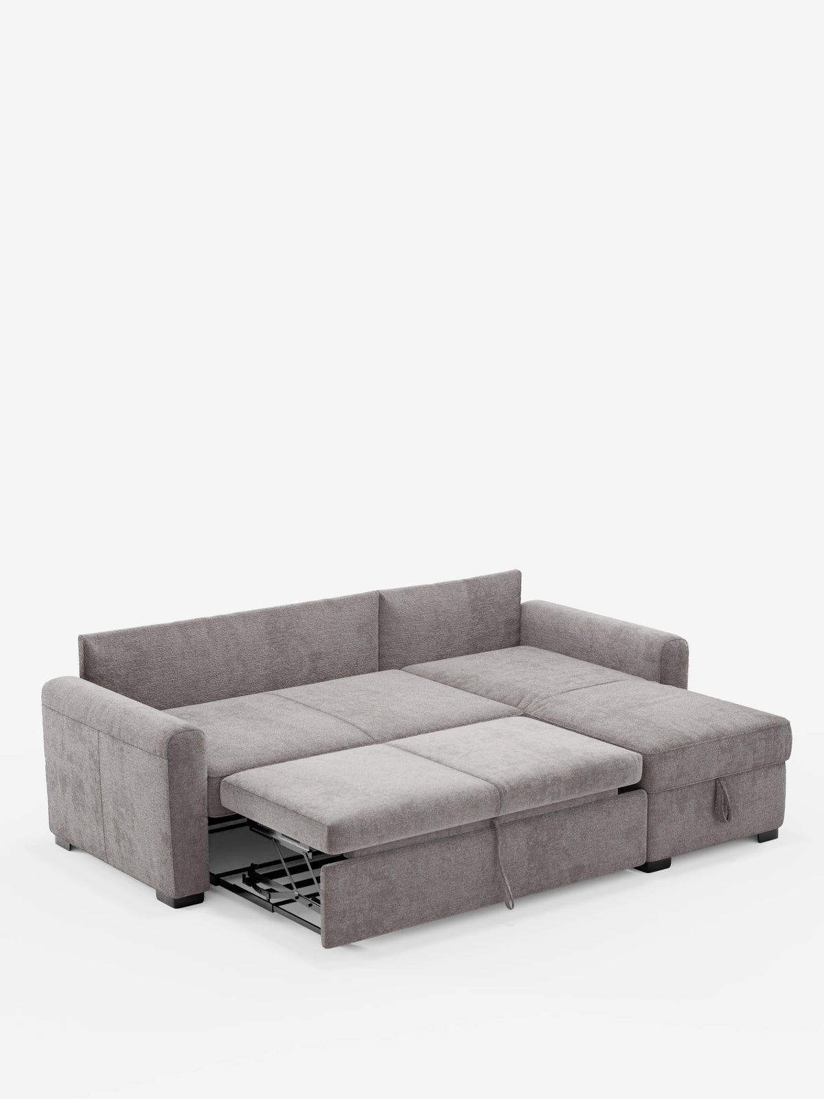 Un divano letto Ottaviano grigio chiaro con letto estraibile, penisola reversibile e contenitore in tessuto materico smacchiabile, con cuscini spessi e una chaise longue con contenitore, su sfondo bianco.