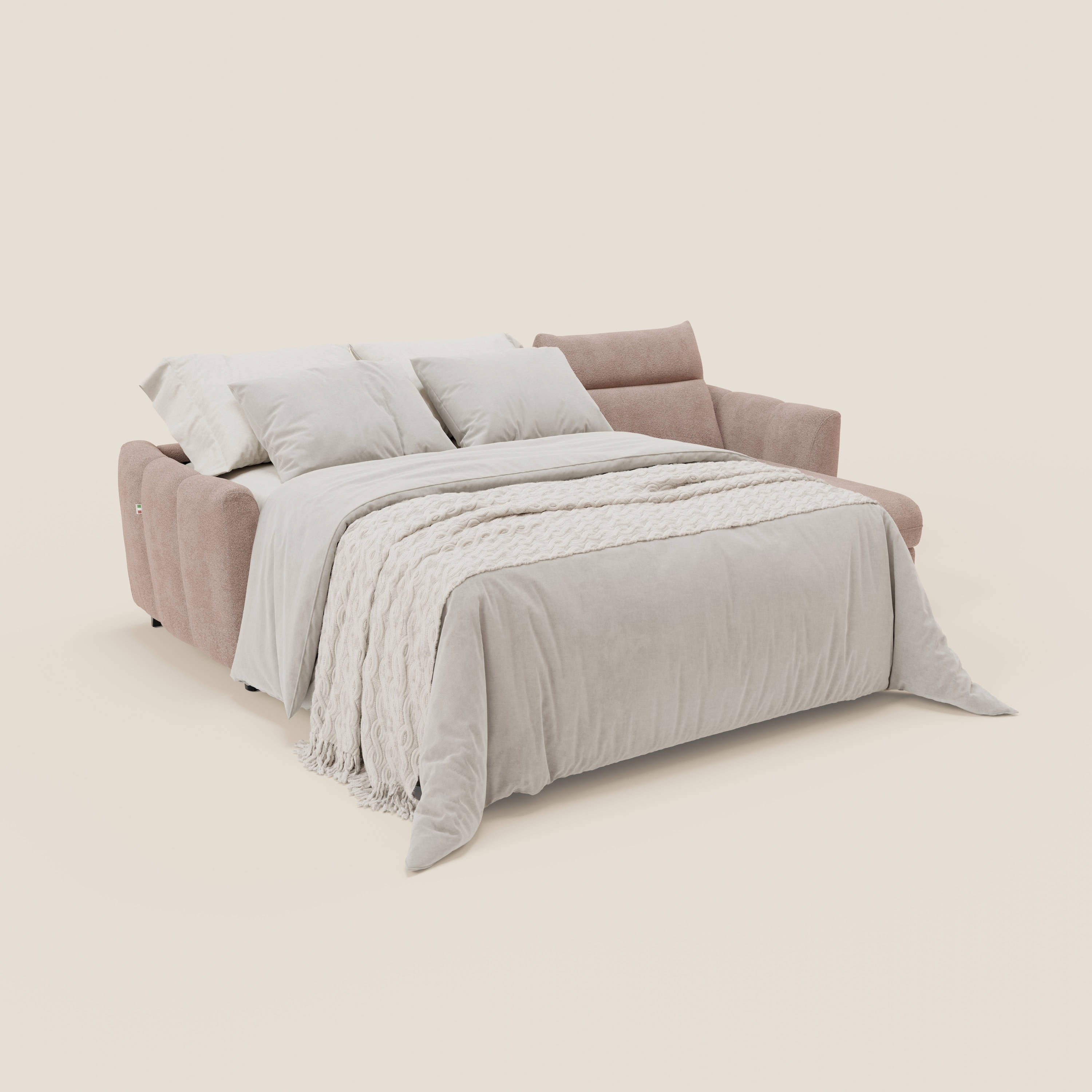 Peonia divano letto angolare con Penisola Contenitore - Materasso H18 cm in Bouclé Impermeabile T07 - divani.store