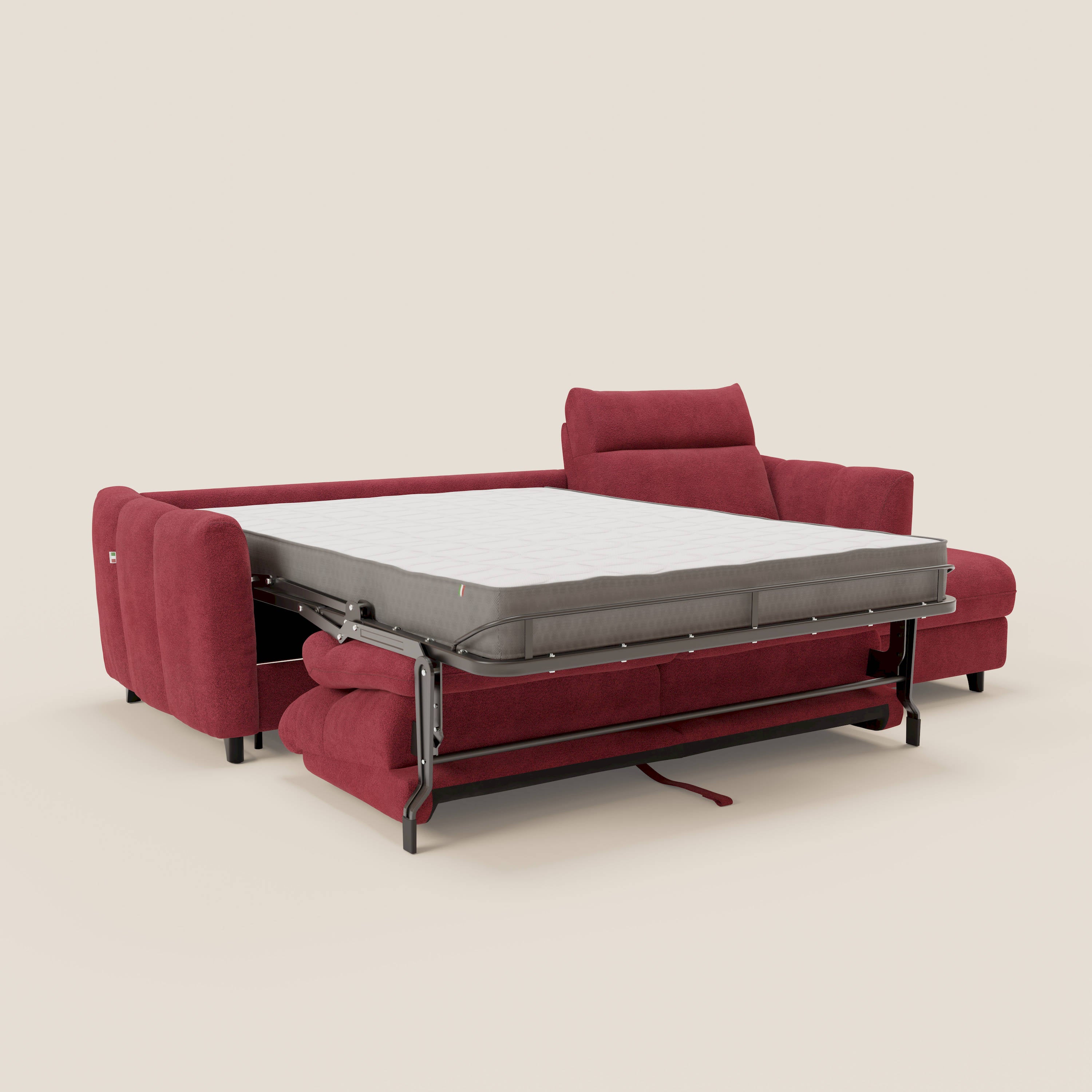 Peonia divano letto angolare con Penisola Contenitore - Materasso H18 cm in Bouclé Impermeabile T07 rosso - divani.store