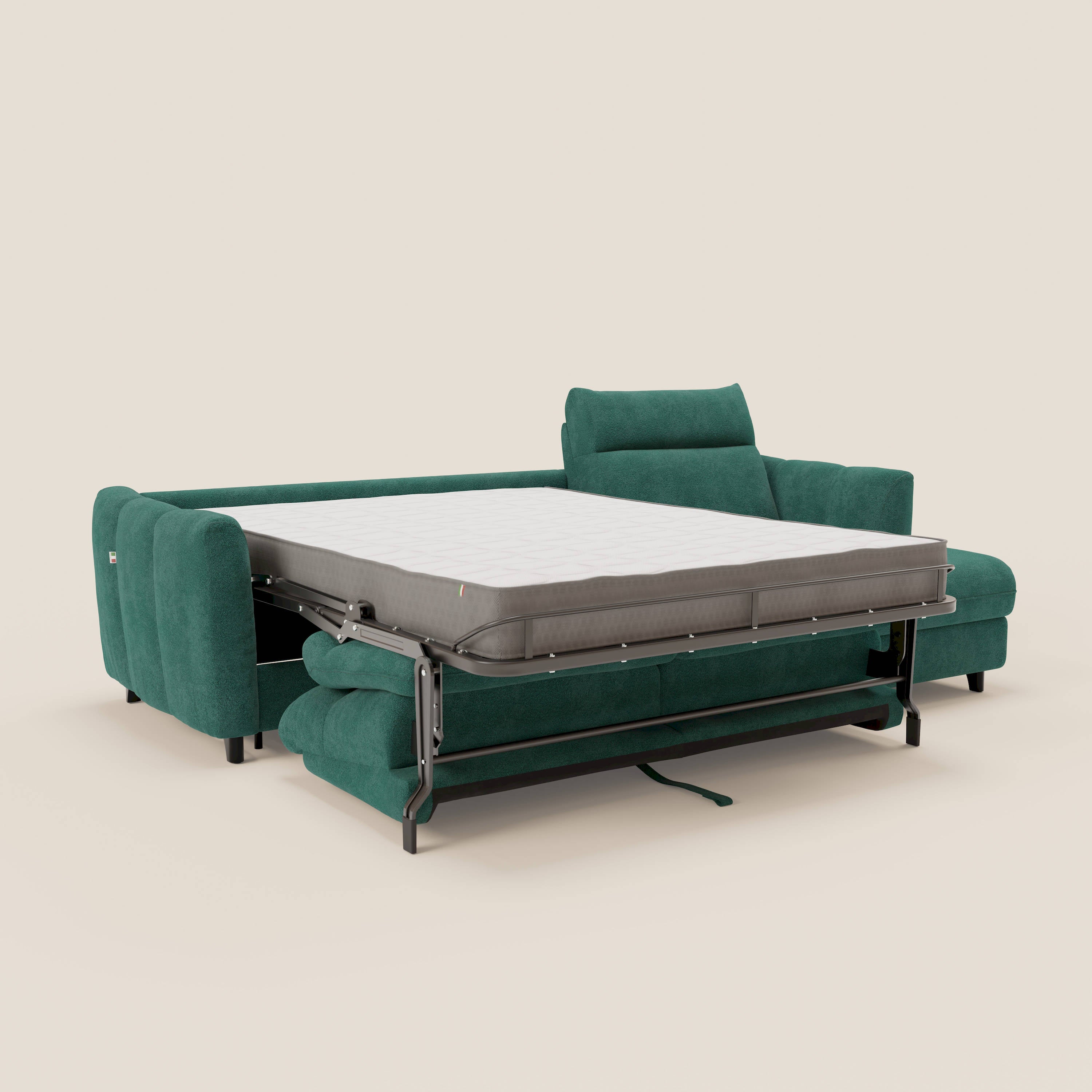 Peonia divano letto angolare con Penisola Contenitore - Materasso H18 cm in Bouclé Impermeabile T07 - divani.store